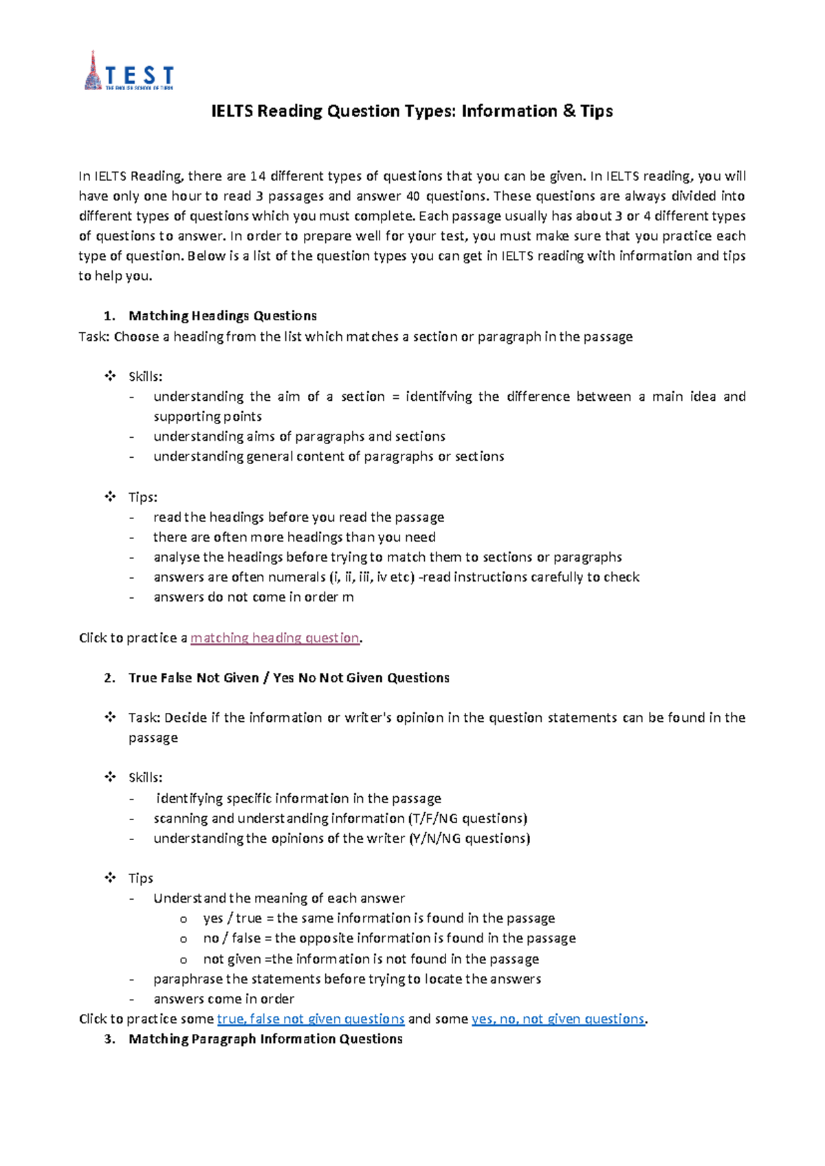 IELTS Reading Question Types: Essential Tips for Success - Studocu