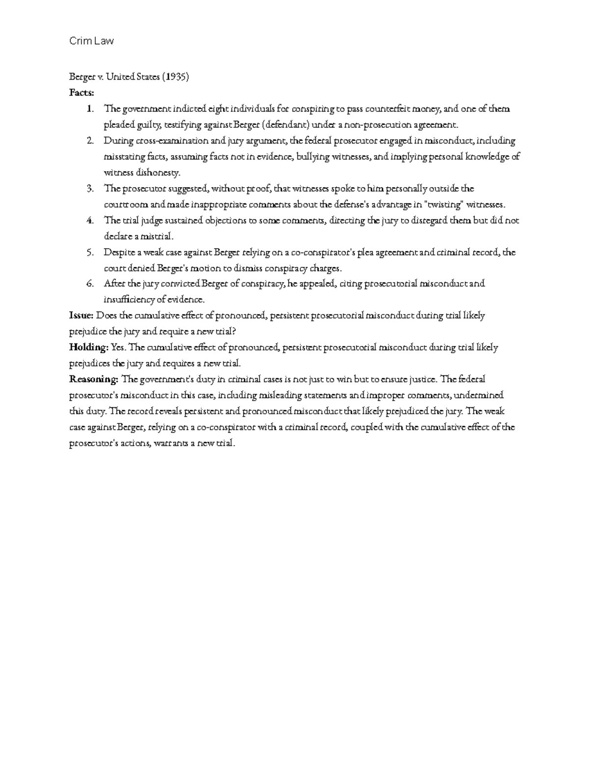 Crim Law Case Study: Berger v. United States (1935) Overview Analysis ...