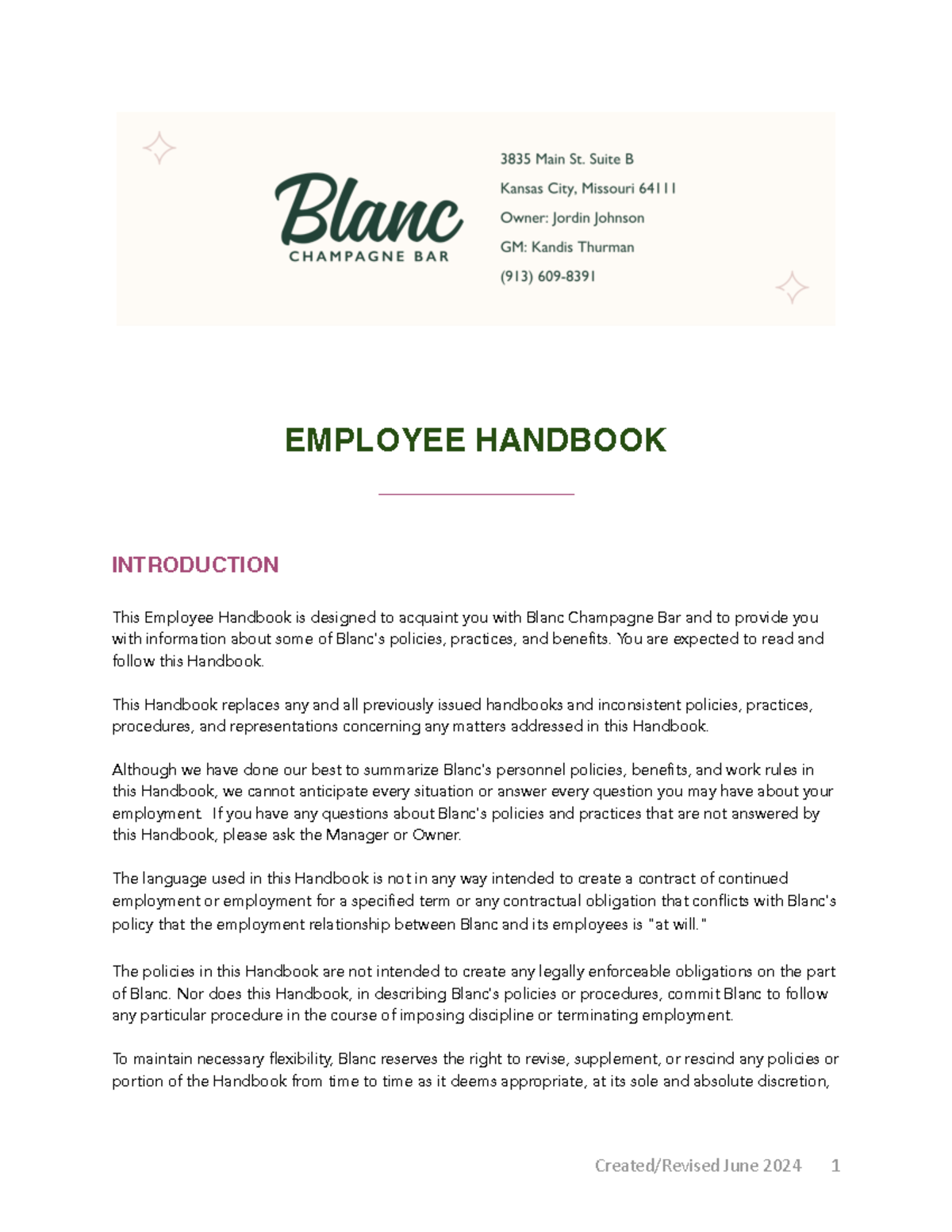 Blanc Employee Handbook Kiersten Grobe - EMPLOYEE HANDBOOK ...