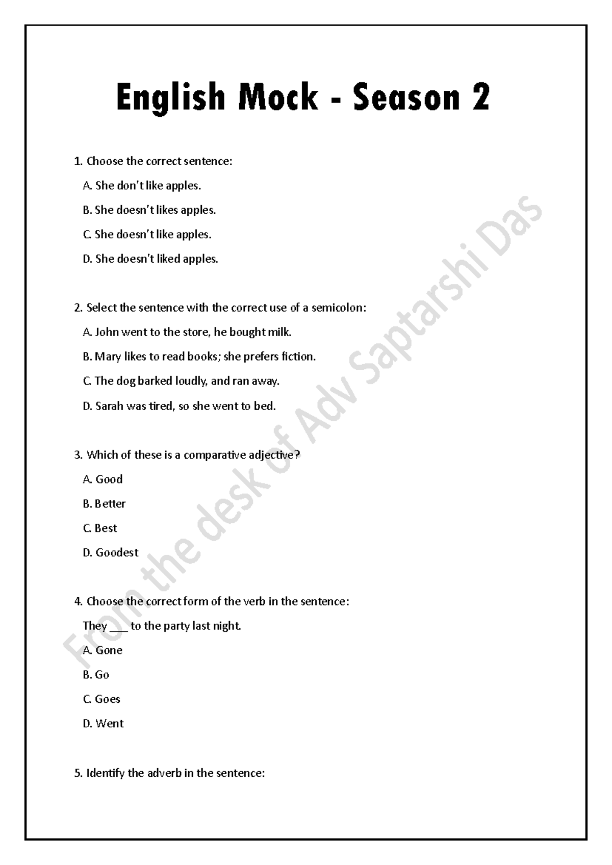 ENG 101 Mock Exam - Grammar and Sentence Structure Practice - Studocu