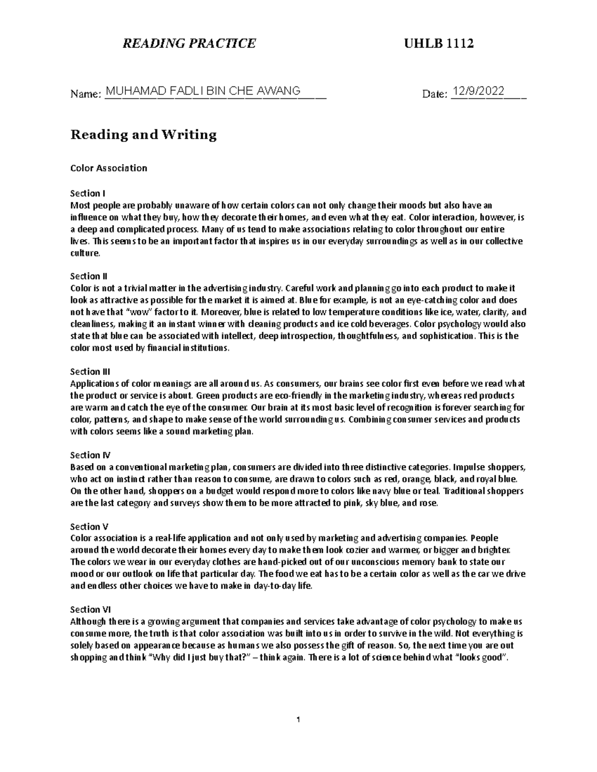 Exercise Reading Practice - READING PRACTICE UHLB 1112 Name