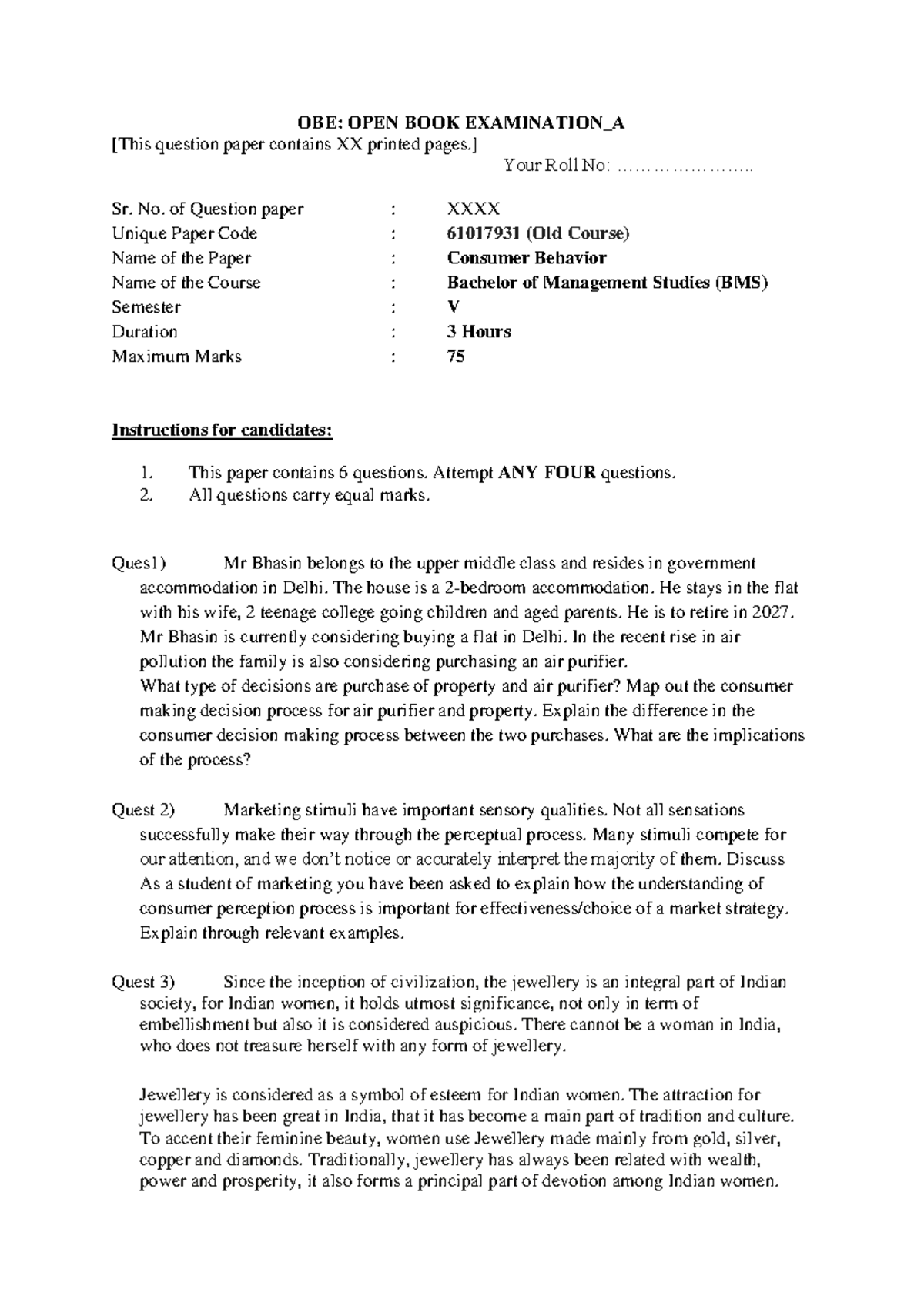 BMS V: Open Book Exam - Consumer Behavior 2021 Question Paper - Studocu