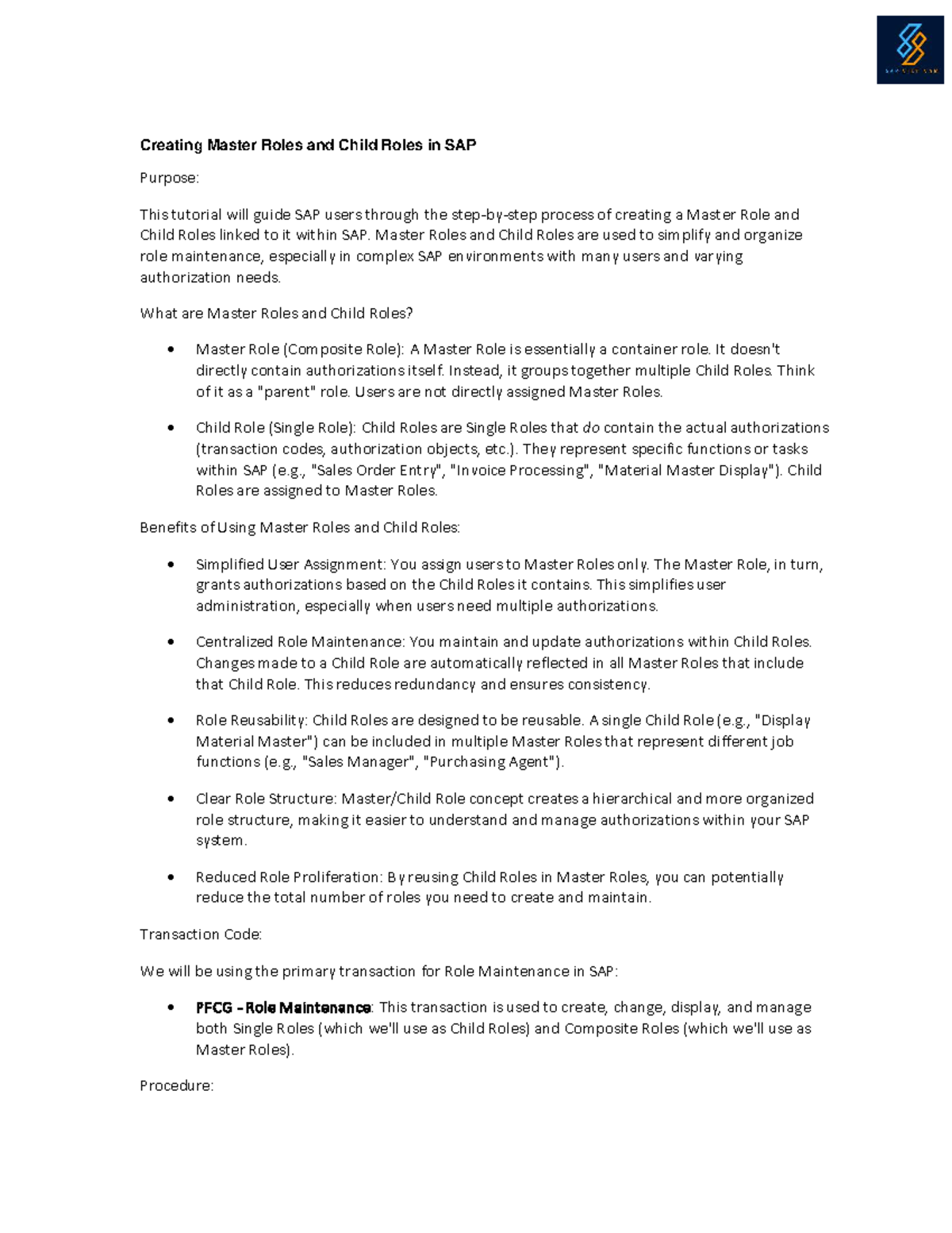 Creating Master and Child Roles in SAP: A Comprehensive Guide - Studocu
