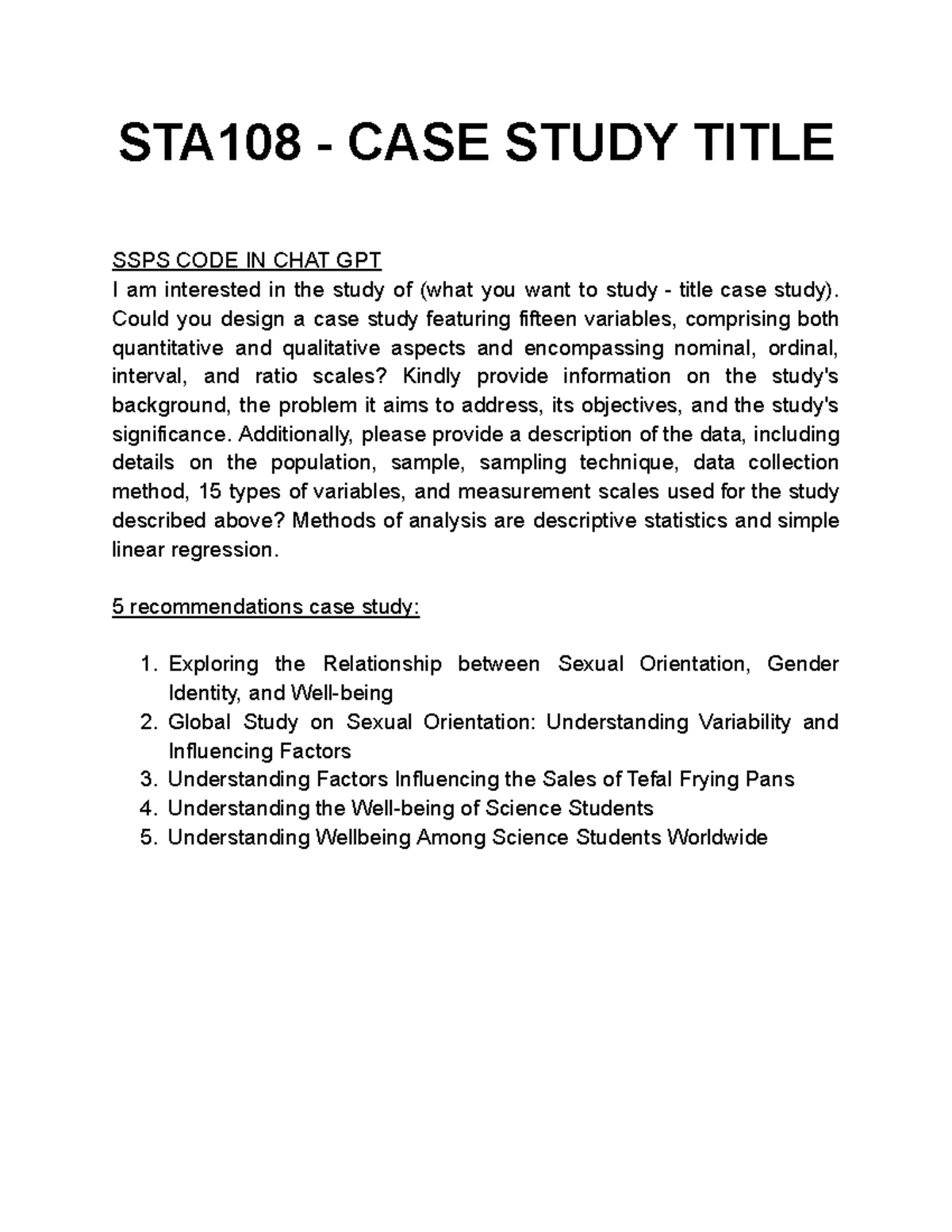 STA108 - Recommendations and Analysis for Case Study Insights - Studocu