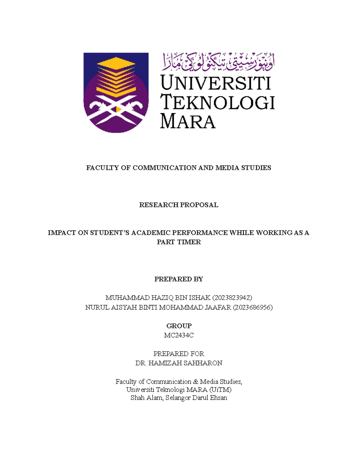 MC2434C Research Proposal: Impact of Part-Time Work on Academic ...