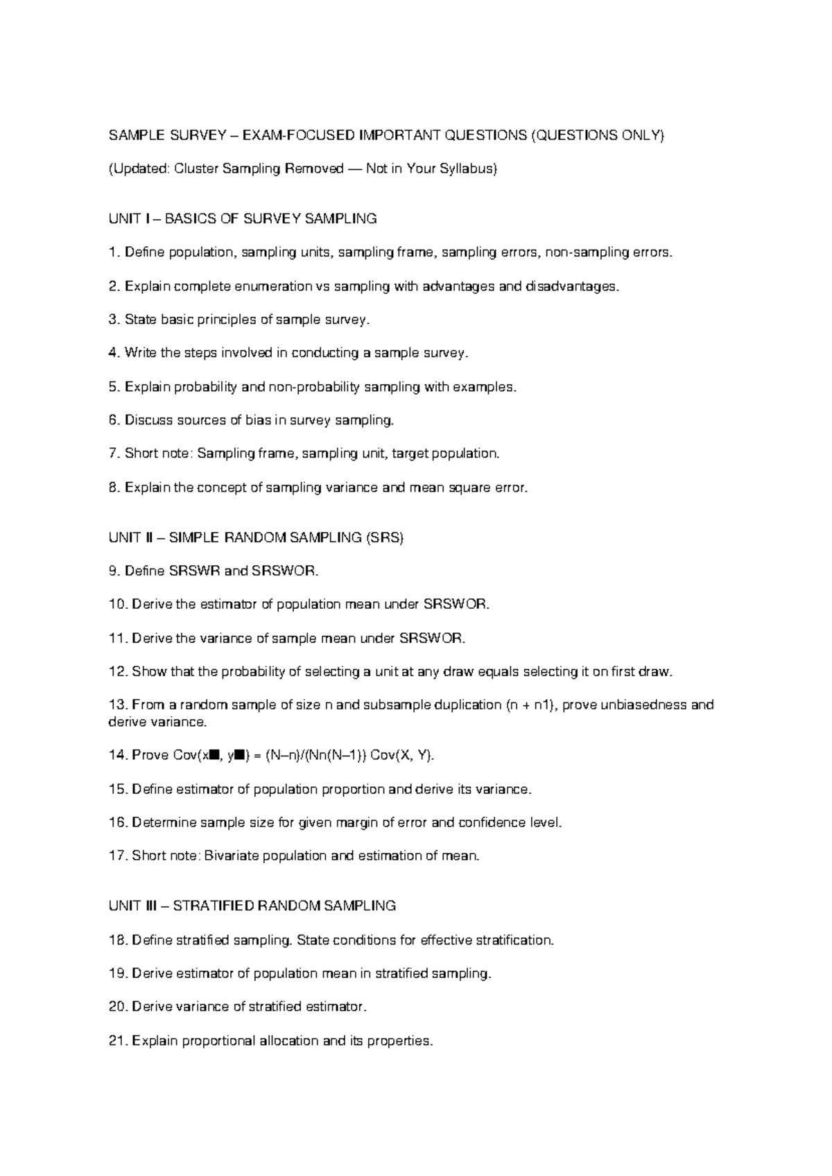 Sample Survey Final Exam Questions (No Cluster Sampling) - Studocu