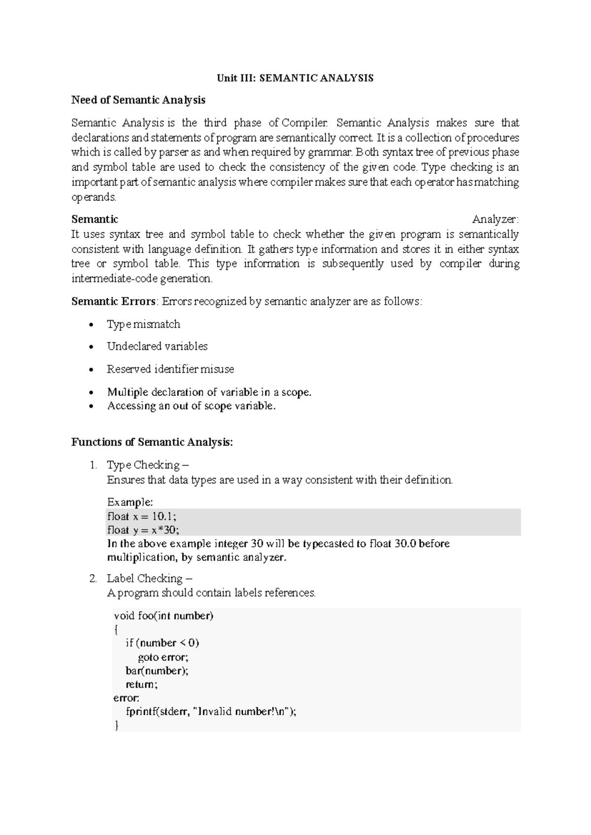 CD Unit 3 - Semantic Analysis Notes for Compiler Design - Studocu