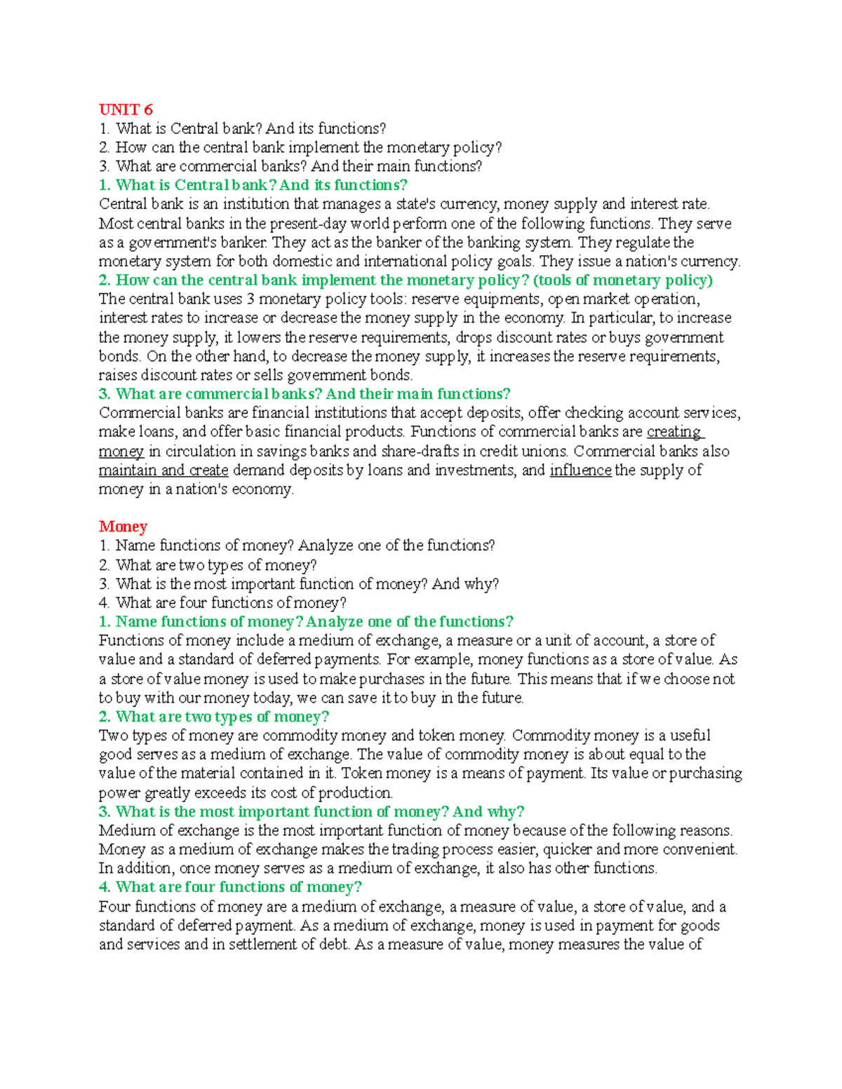 Topic questions - UNIT 6 What is Central bank? And its functions? How ...