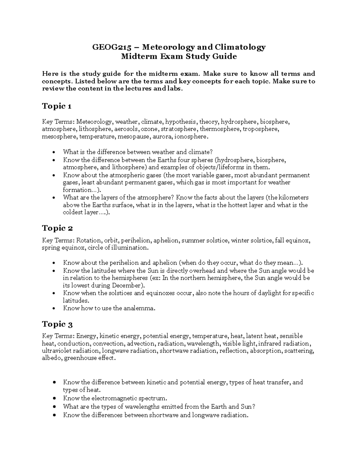 GEOG215 – Midterm Exam Study Guide: Key Concepts in Meteorology - Studocu