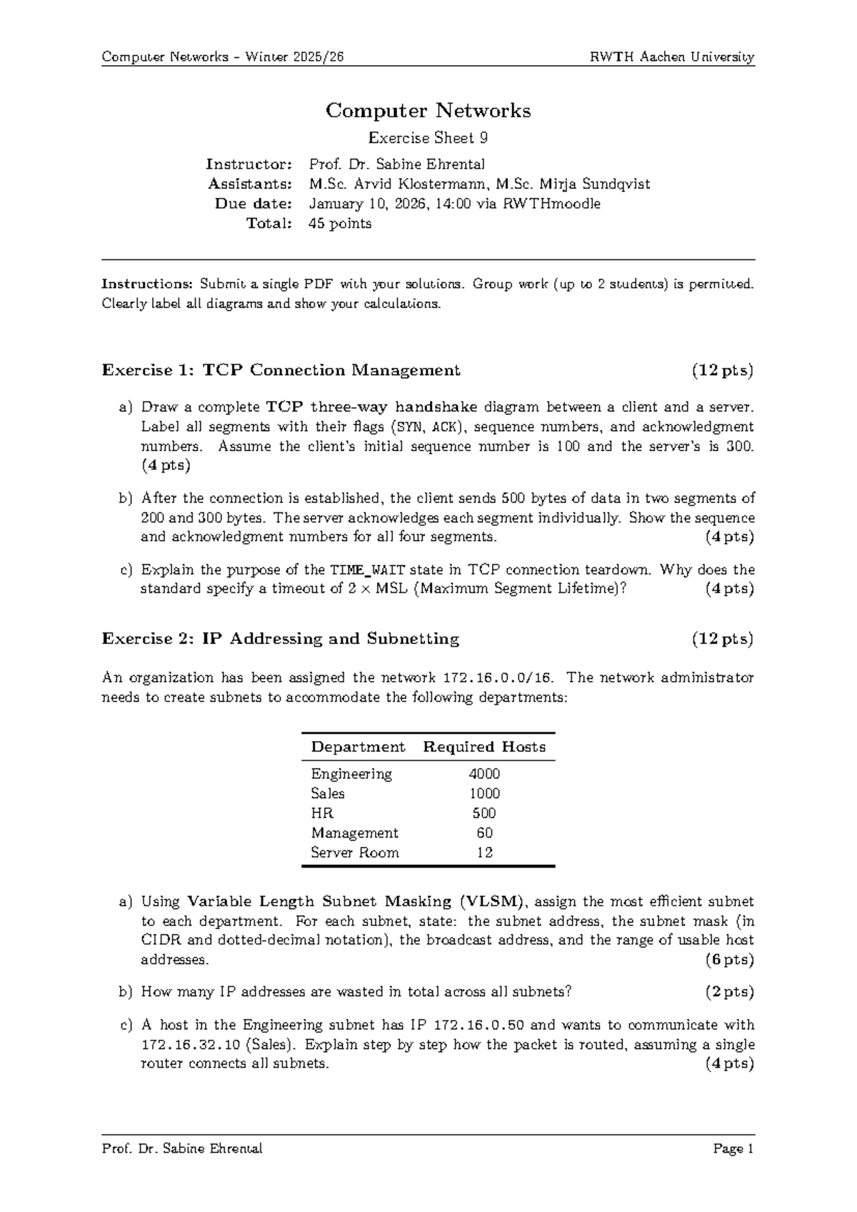 Computer Networks Exercise Sheet 9 - RWTH Aachen University - Studocu