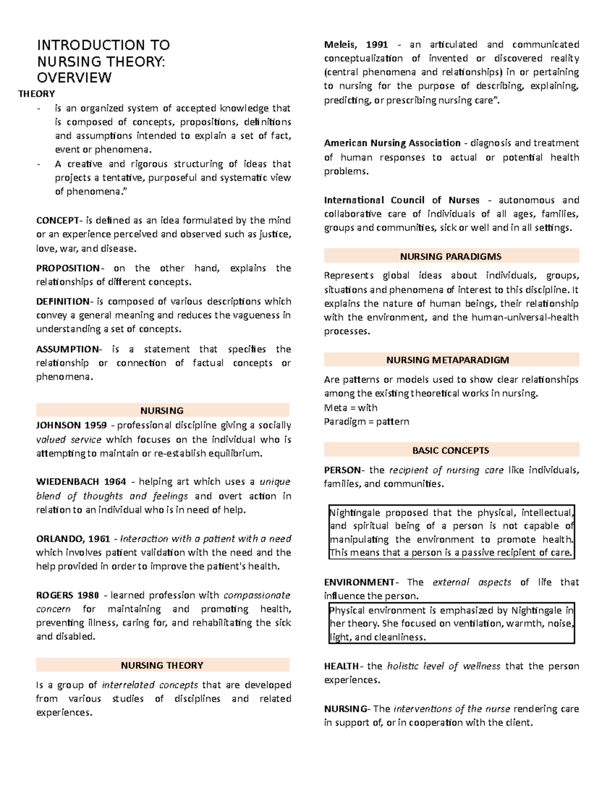 Introduction to Nursing Theory: Key Concepts and Functions - Studocu