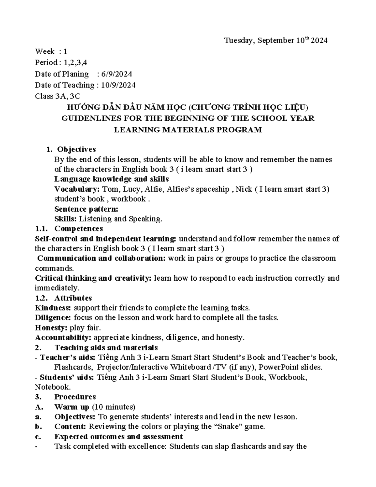 Week 1 Lesson Plan for Class 3A & 3C: English Smart Start 3 - Studocu