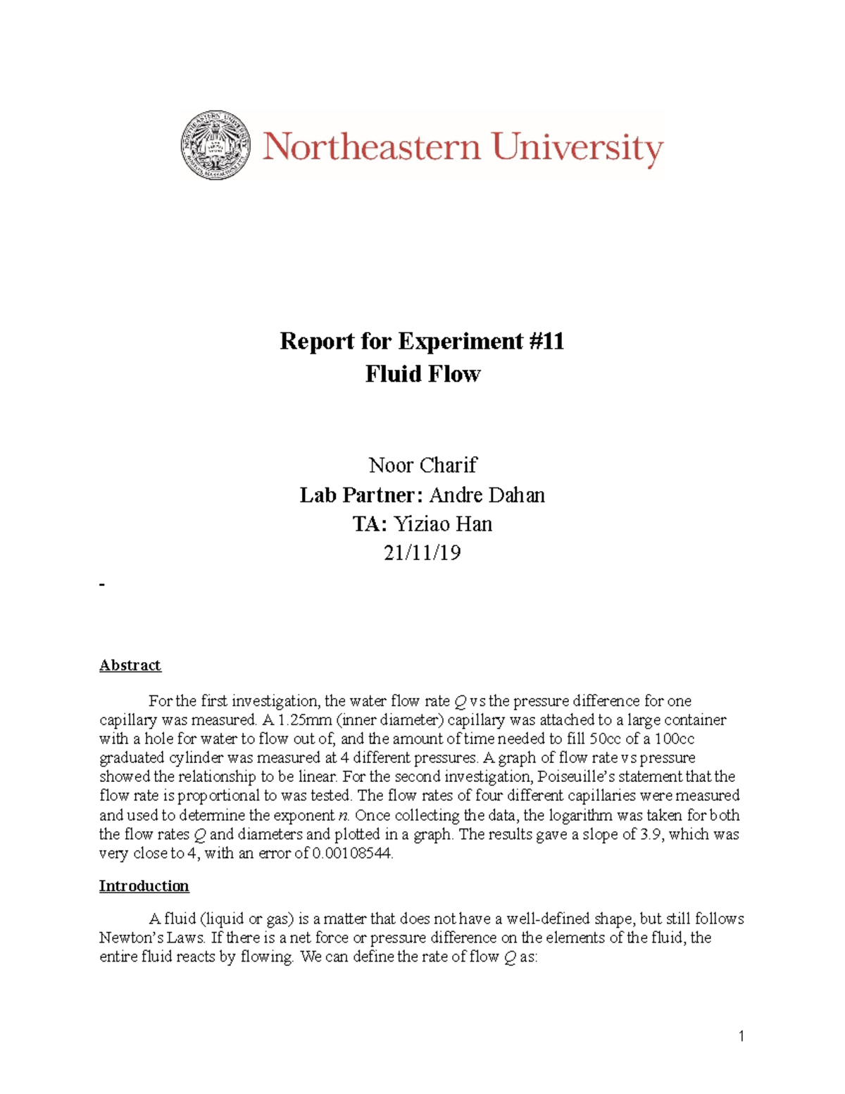 Fluid Flow Experiment #11 Report - Analysis of Rate & Pressure ...