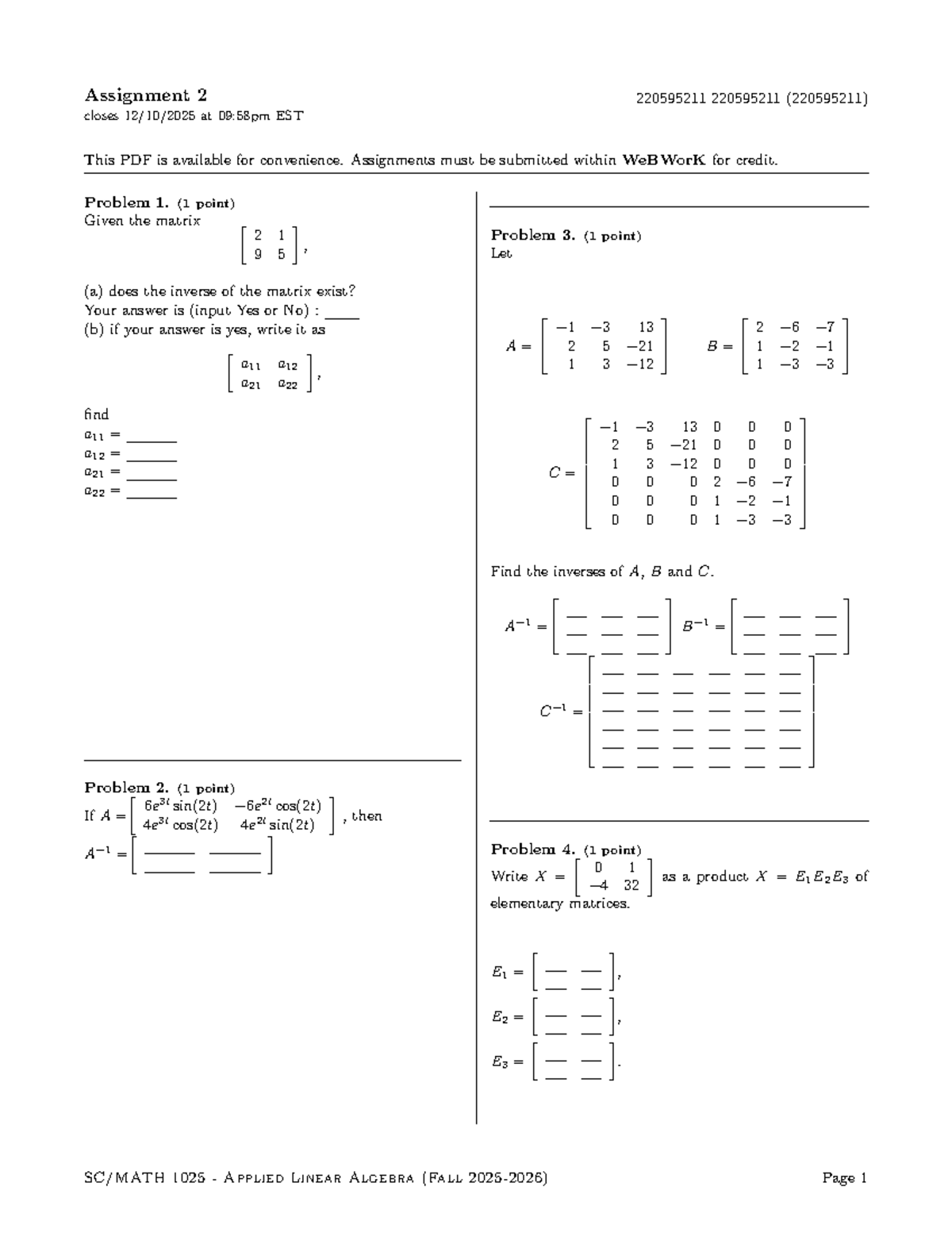 MATH1025-F2526 Assignment 2: Applied Linear Algebra Problems - Studocu