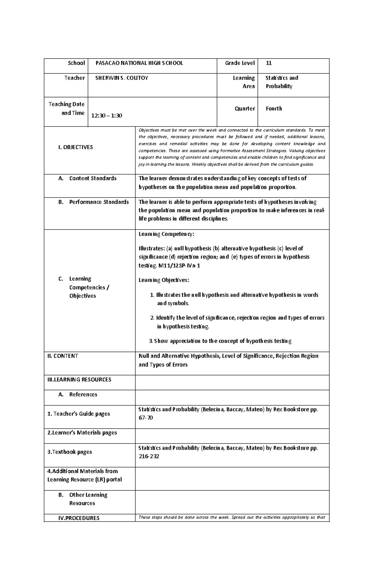 SP-DLP - Detailed Lesson Plan on Hypothesis Testing in Statistics - Studocu
