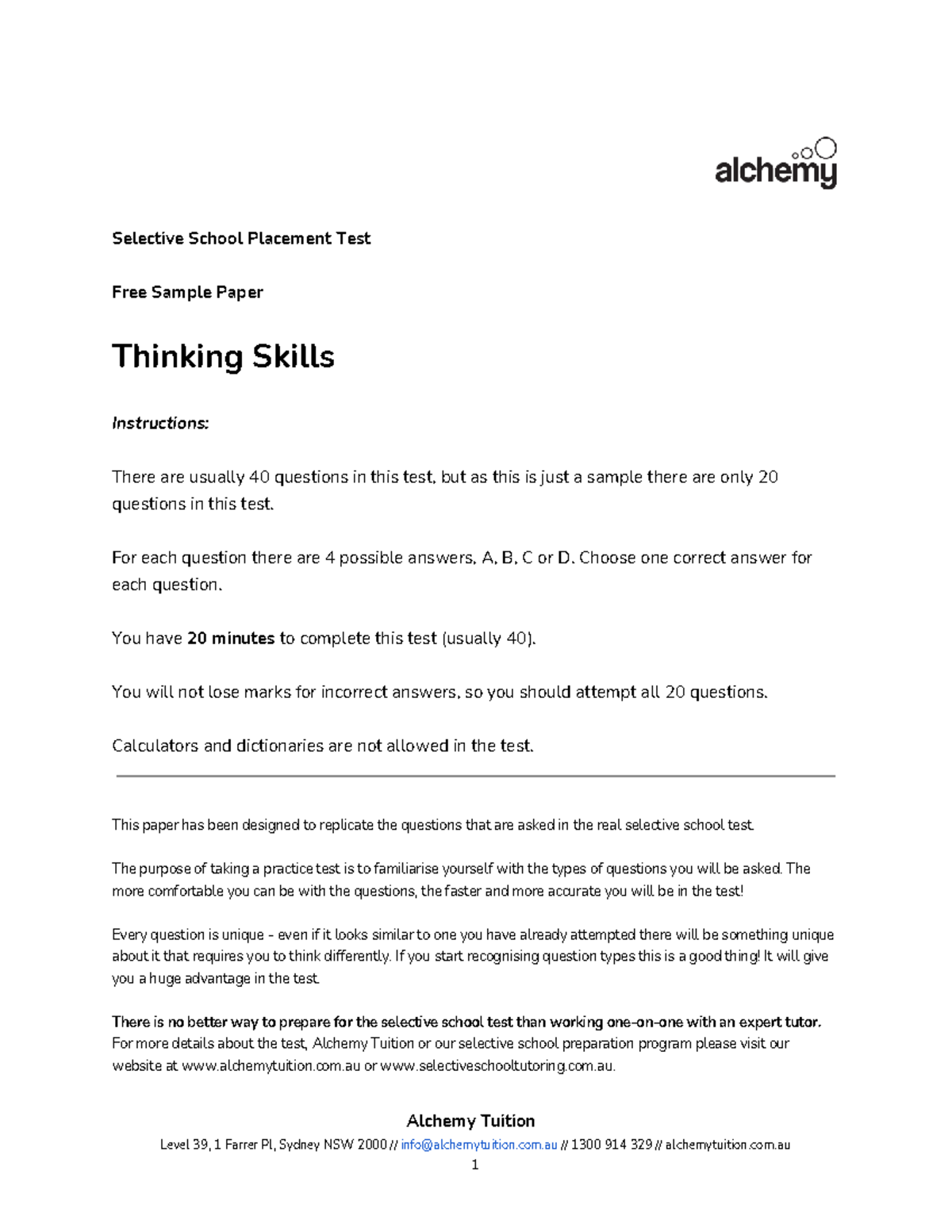 Selective School Placement Test: Thinking Skills Sample Paper - Studocu