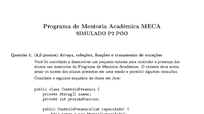 Simulado P2 POO: Controle de Presença e Estruturas em Java - Studocu