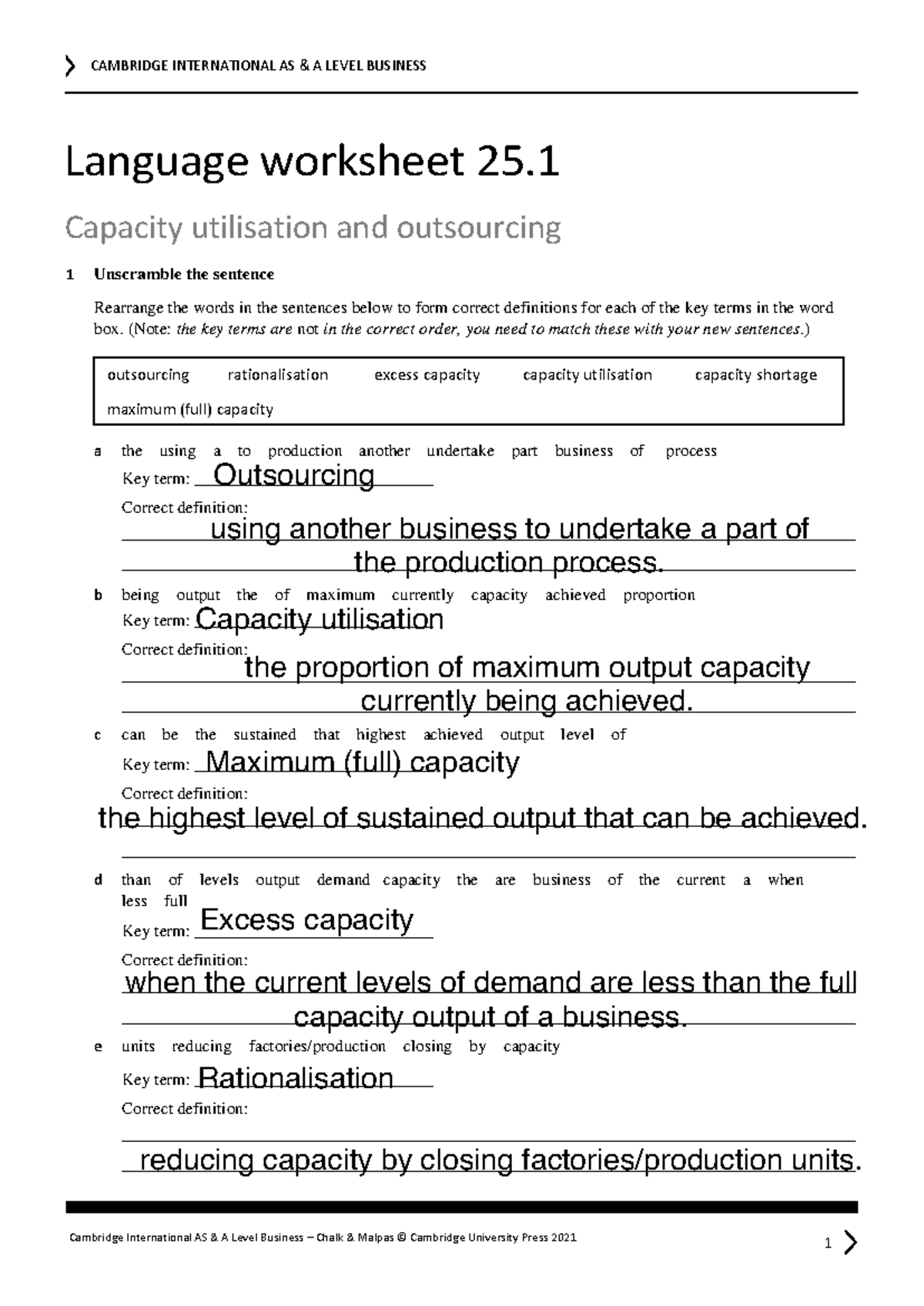 ASAL Business Worksheet 25: Capacity Utilisation & Outsourcing Concepts ...