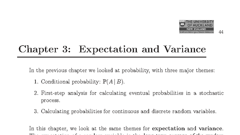 Expectation and Variance - Chapter 3 Overview (Course Code: 44) - Studocu