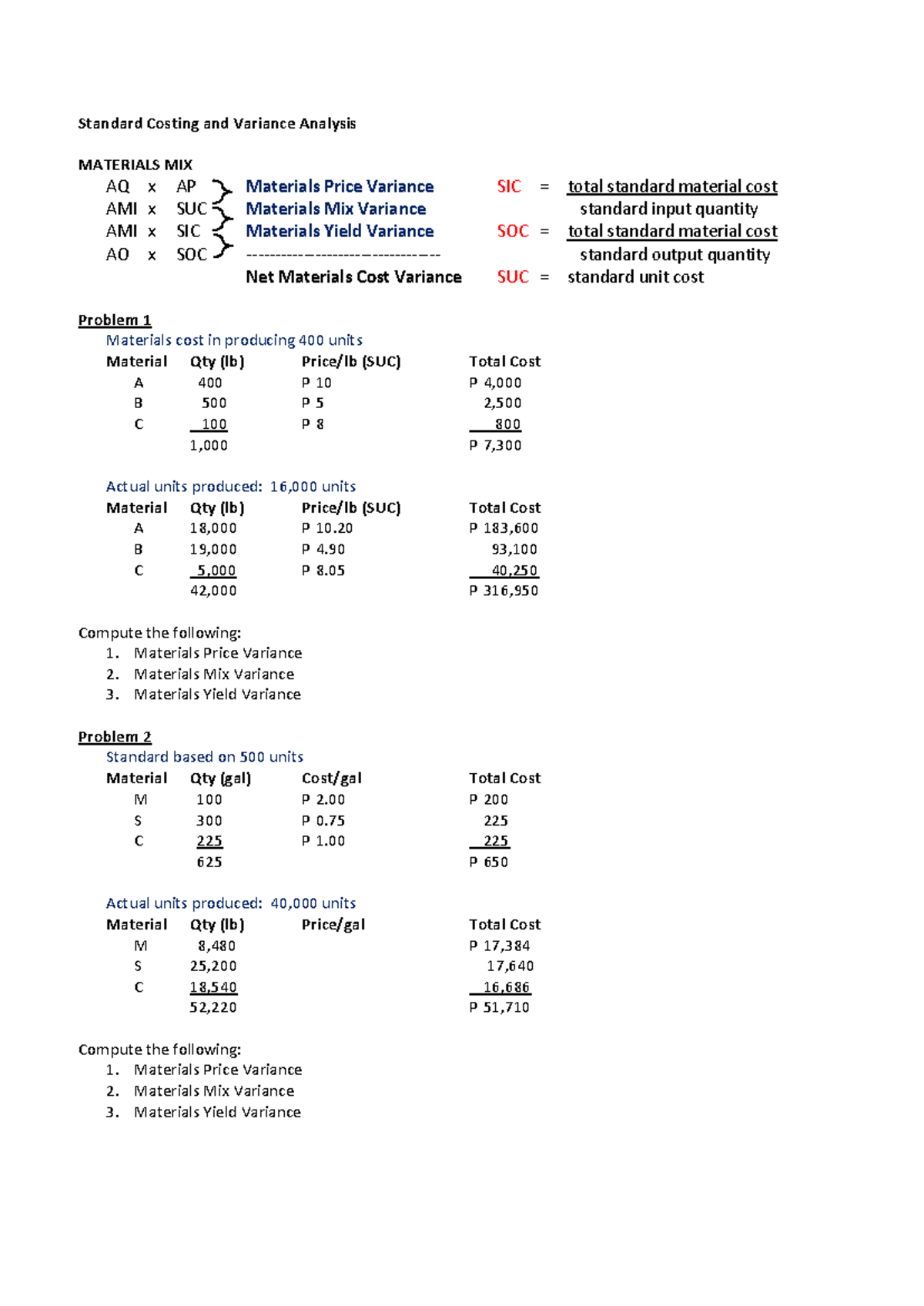 Standard Costing: Material & Labor Mix Variance Analysis (4M) - Studocu