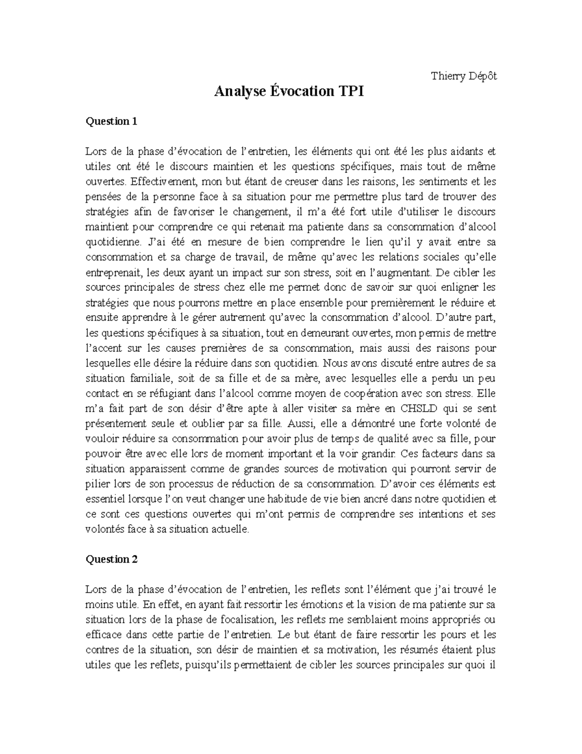 Analyse Pratique d'Entretien Motivationnel - TPI Evocation - Studocu