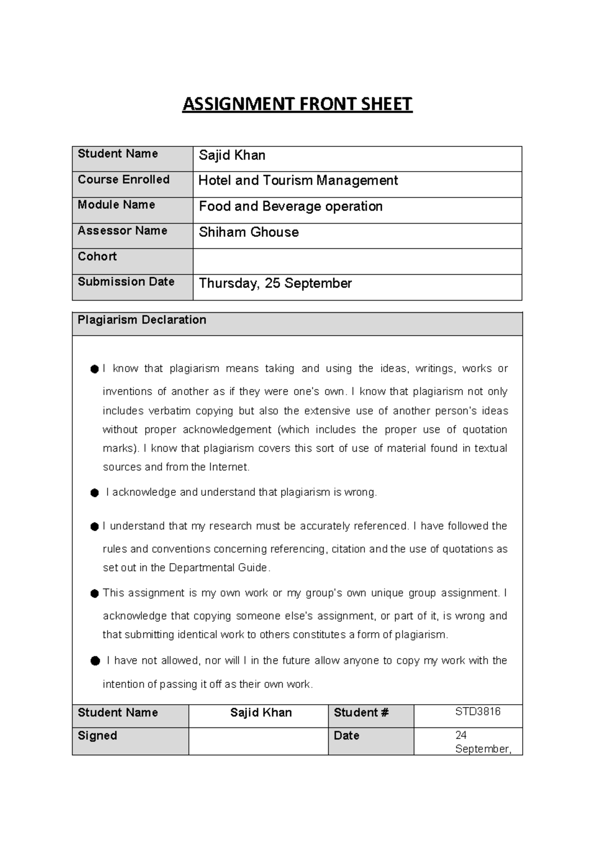 Food & Beverage Operations Assignment - HTM Module - Studocu