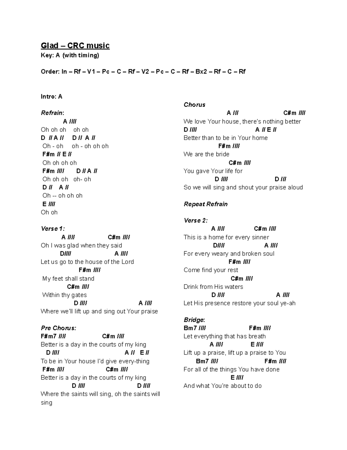 Glad CRC Music Key: A - Lyrics and Timing Guide - Studocu