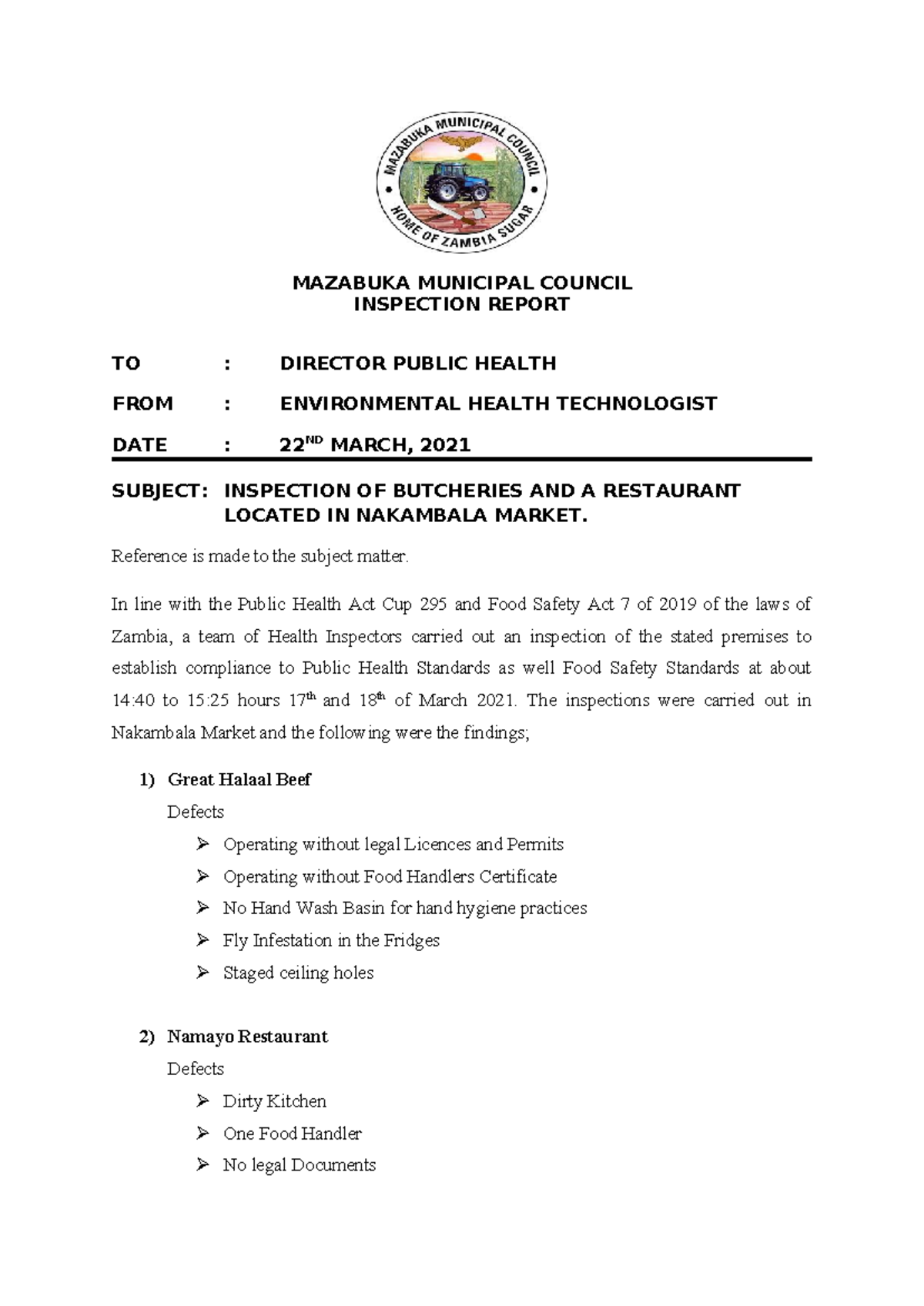 MAZABUKA MUNICIPAL COUNCIL INSPECTION REPORT ON BUTCHERIES - Studocu
