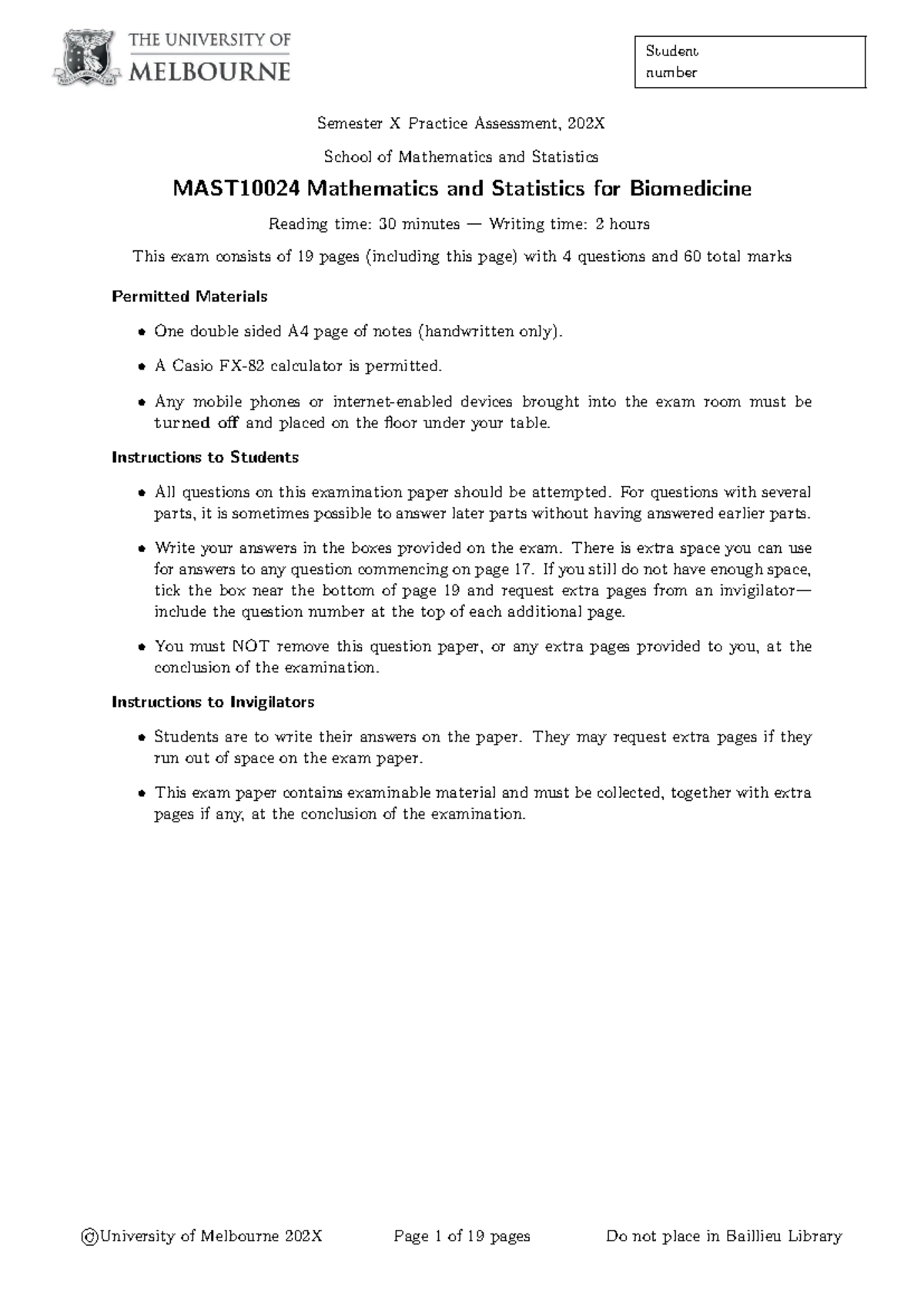 MAST10024 Mathematics for Biomedicine: Practice Exam Notes - Studocu