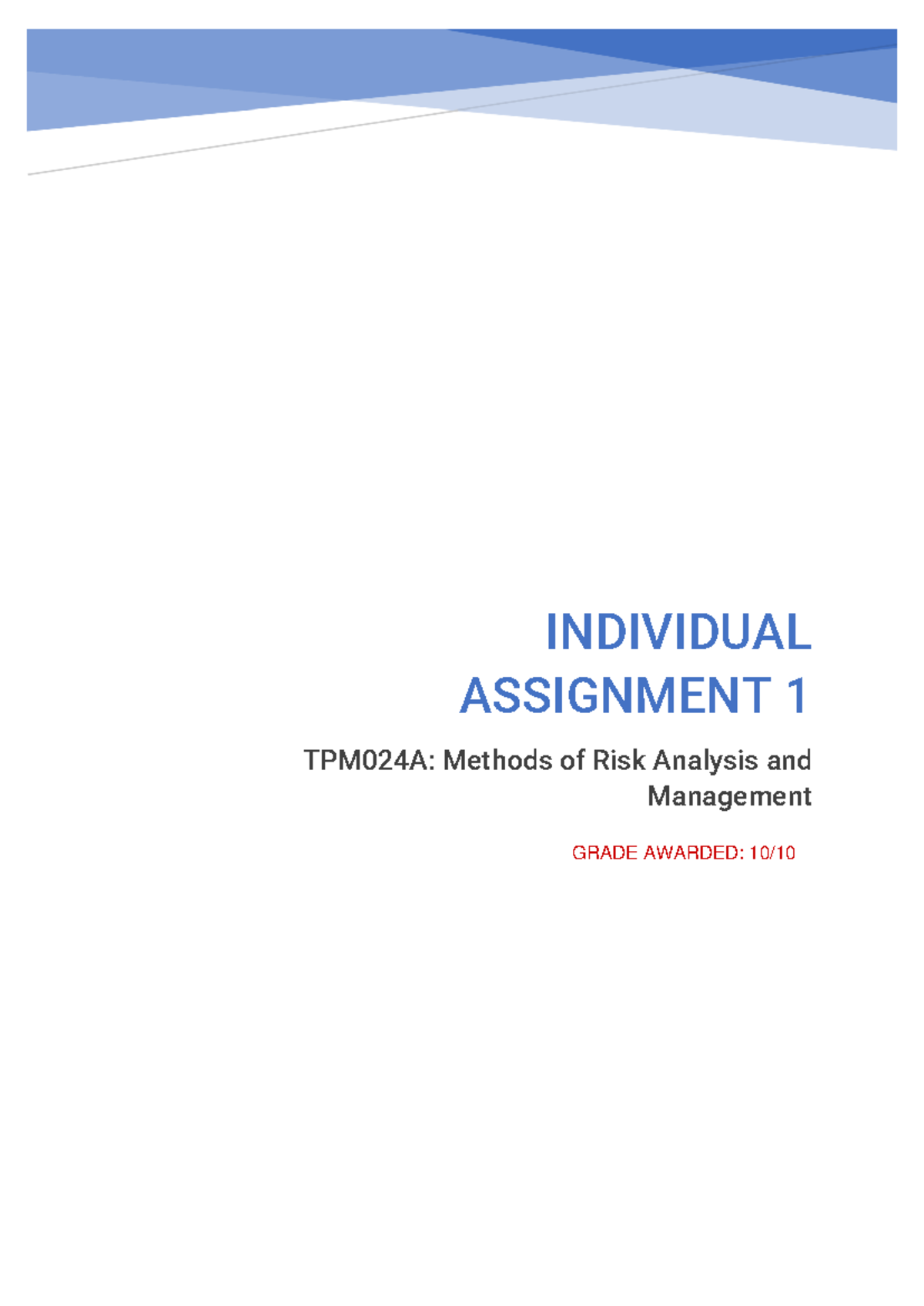 TPM024A: Individual Assignment 1 on Risk Analysis Methods - Studeersnel