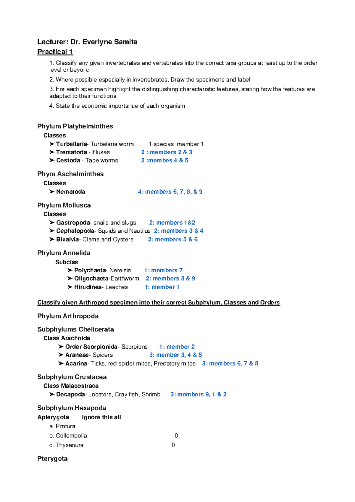 Zoology Practical 2: Classification of Invertebrates & Vertebrates ...