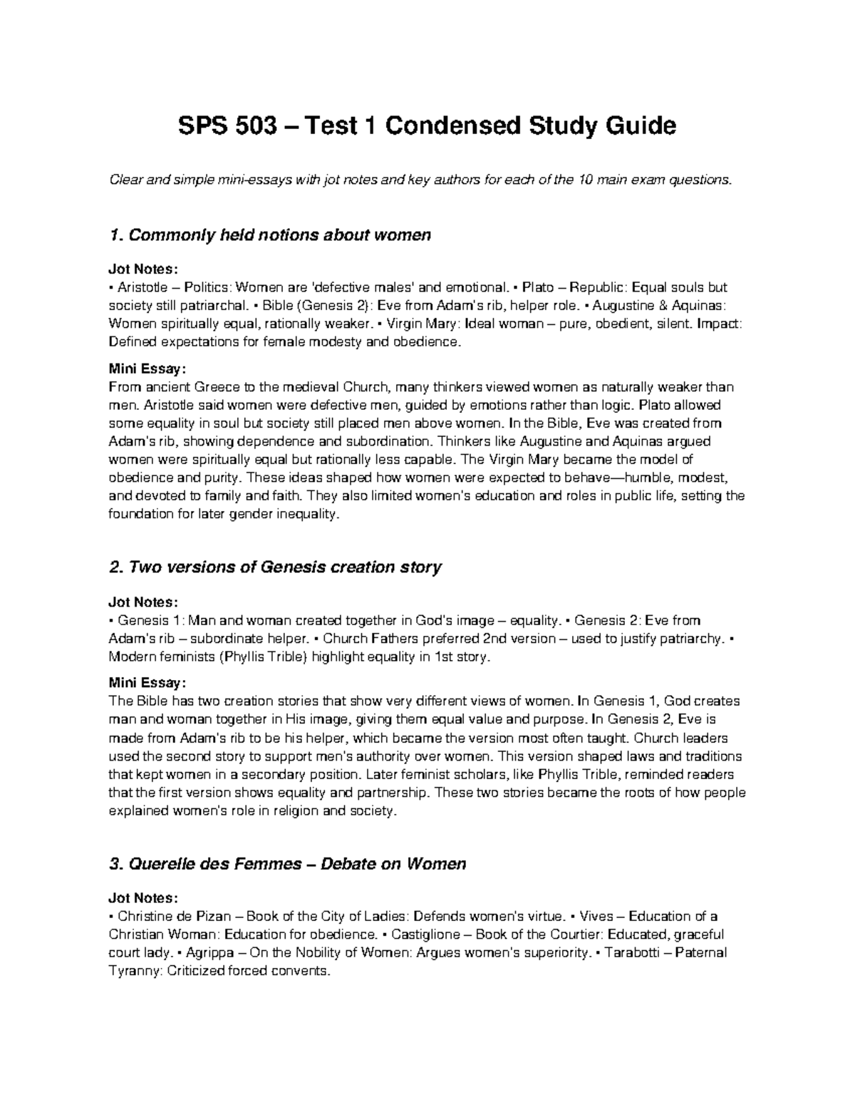 SPS 503 Test 1 Condensed Study Guide: Key Concepts on Women in History ...