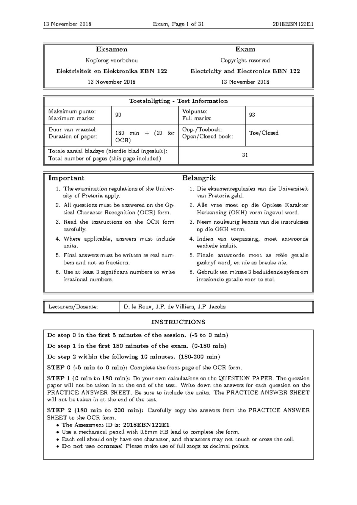 2018EBN122E1 Final Exam Paper - Electricity and Electronics - Studocu