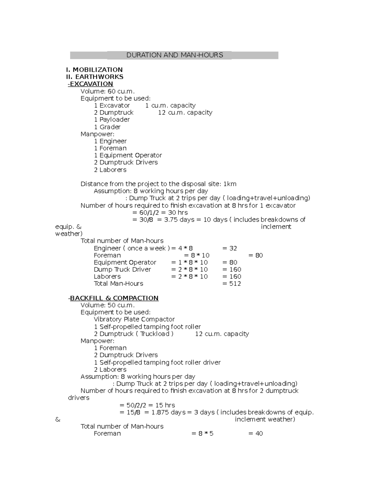 Manhours Calculation for Earthworks and Masonry - Project Overview ...