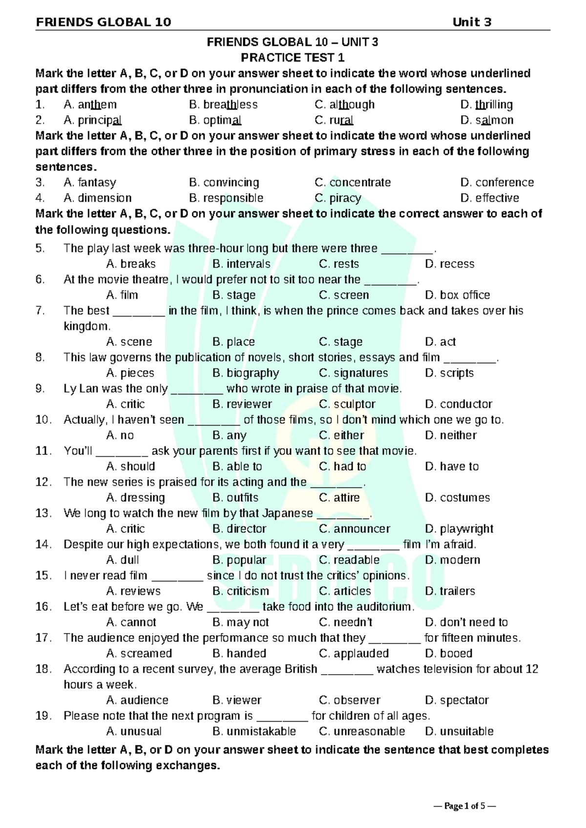 Tieng Anh 10 Friends Global - Unit 3 - Practice Test 1 - Studocu