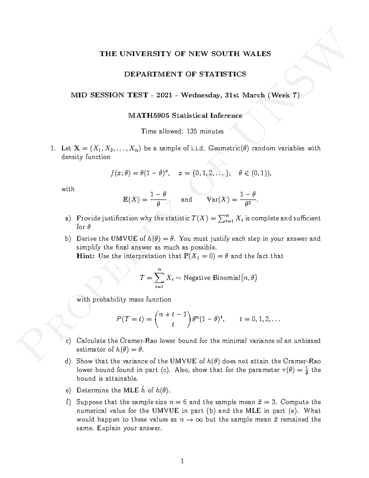 MATH5905 Statistical Inference Mid Session Test 2021 - Solutions - Studocu