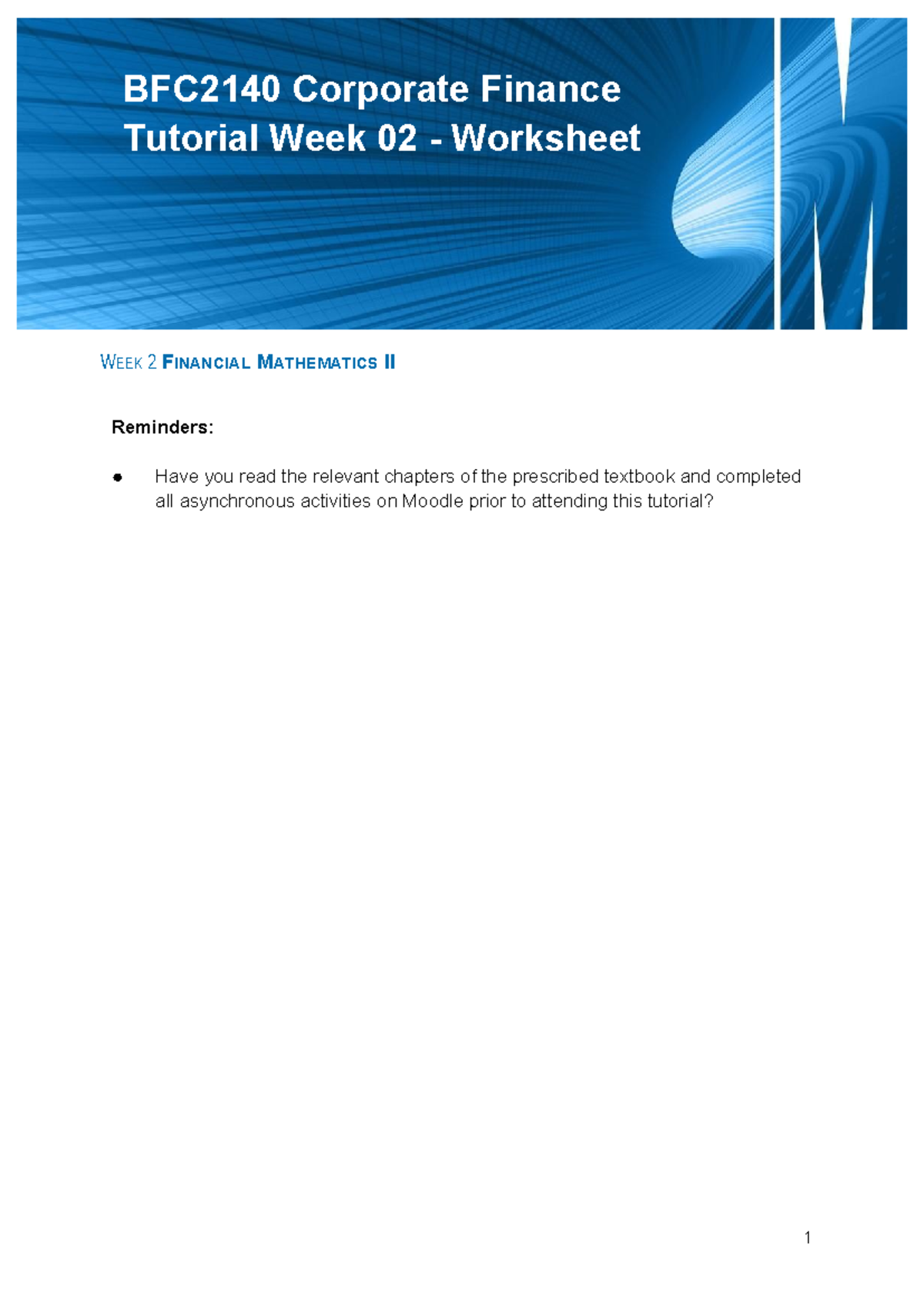 BFC2140 Corporate Finance Week 2 Tutorial Worksheet: Financial ...