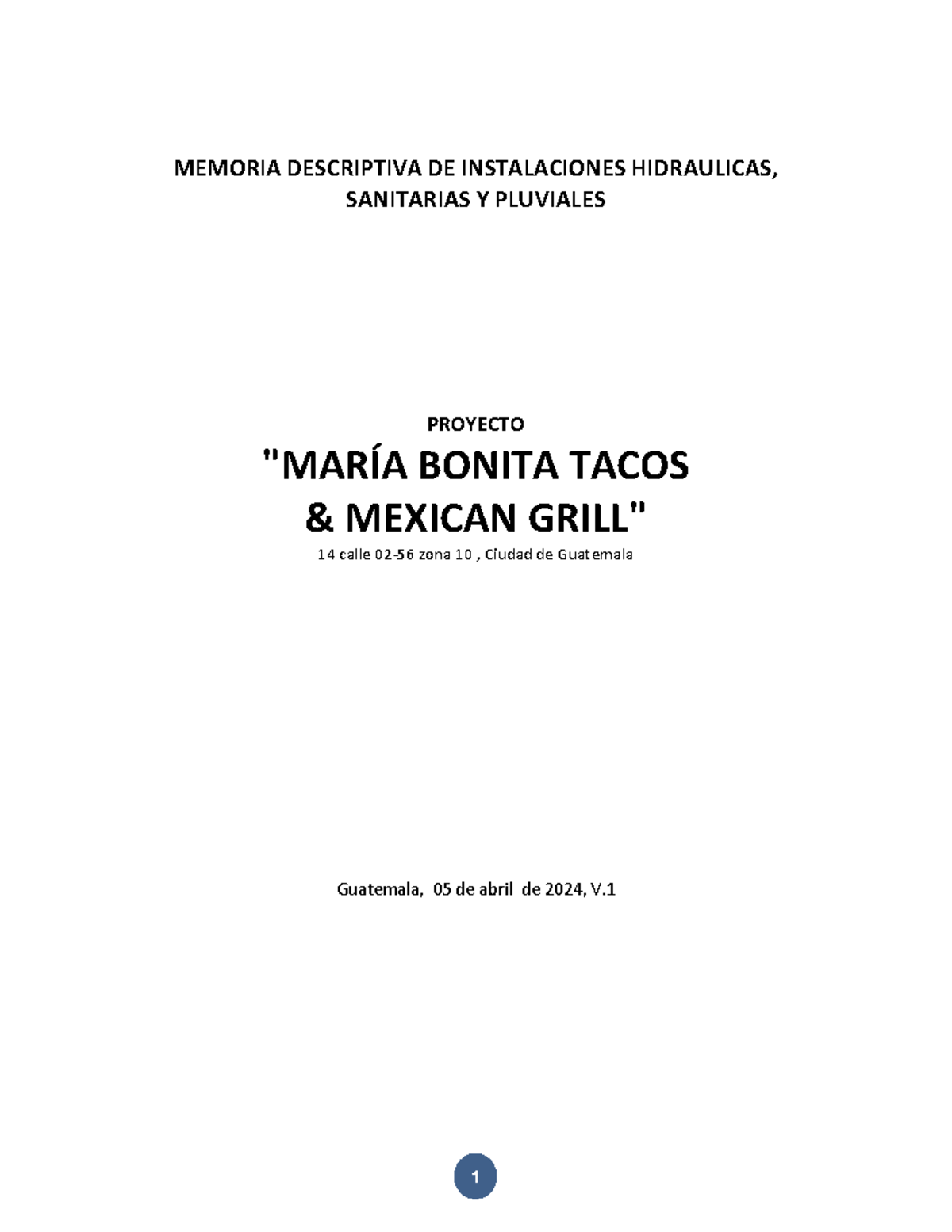Memoria Descriptiva y Cálculos Hidrosanitarios de María Bonita Tacos (TC 123) - Document Preview