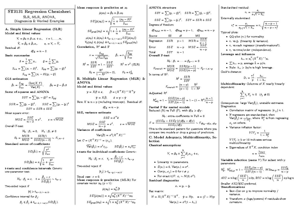 ST3131 Final Exam Cheatsheet: SLR, MLR, ANOVA & Diagnostics - Studocu