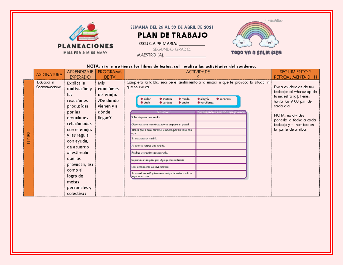 2⁰ SEM 31 MISS FER MARY - Plan de Trabajo y Actividades del 26 al 30 de ...