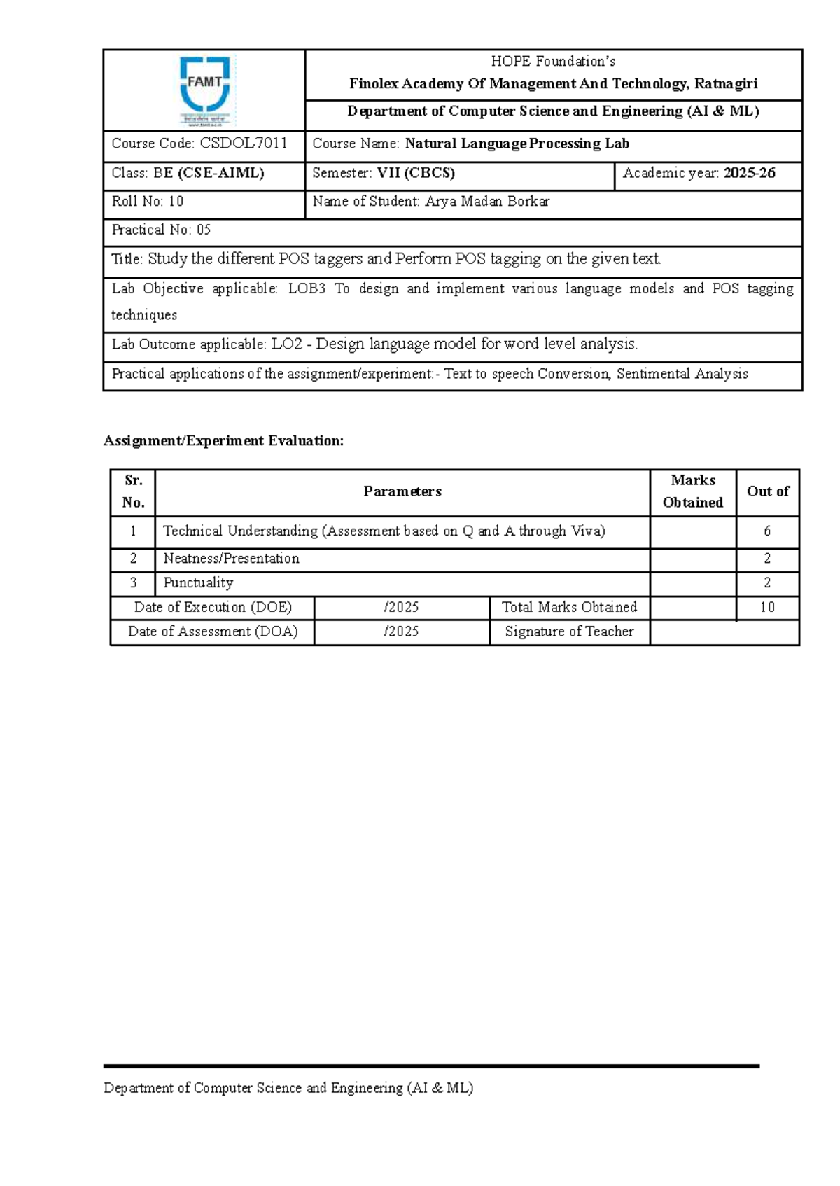 CSDOL7011 NLP Lab Exp 5: POS Tagging Techniques Study - Studocu