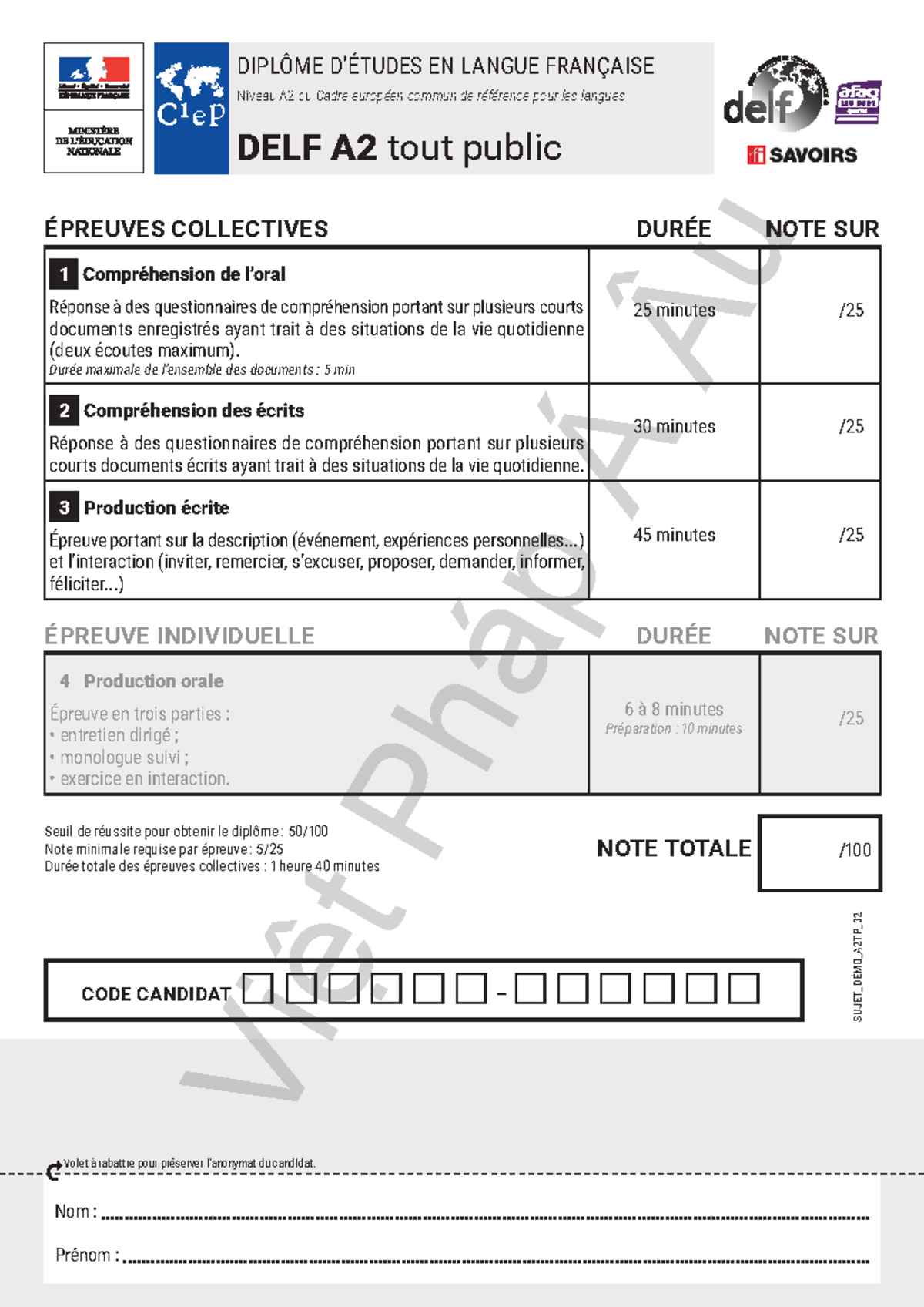 DELF A2 - Épreuves Collectives: Compréhension et Production - Studocu