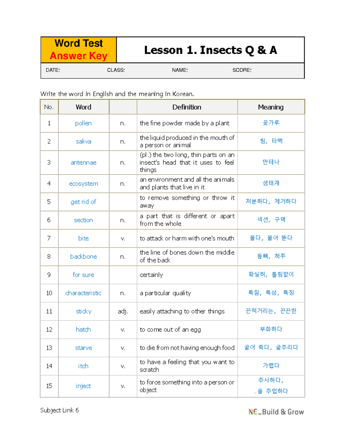 Word Test Answer Key: Lesson 1-16 Vocabulary & Meanings (Subject Link 6 ...