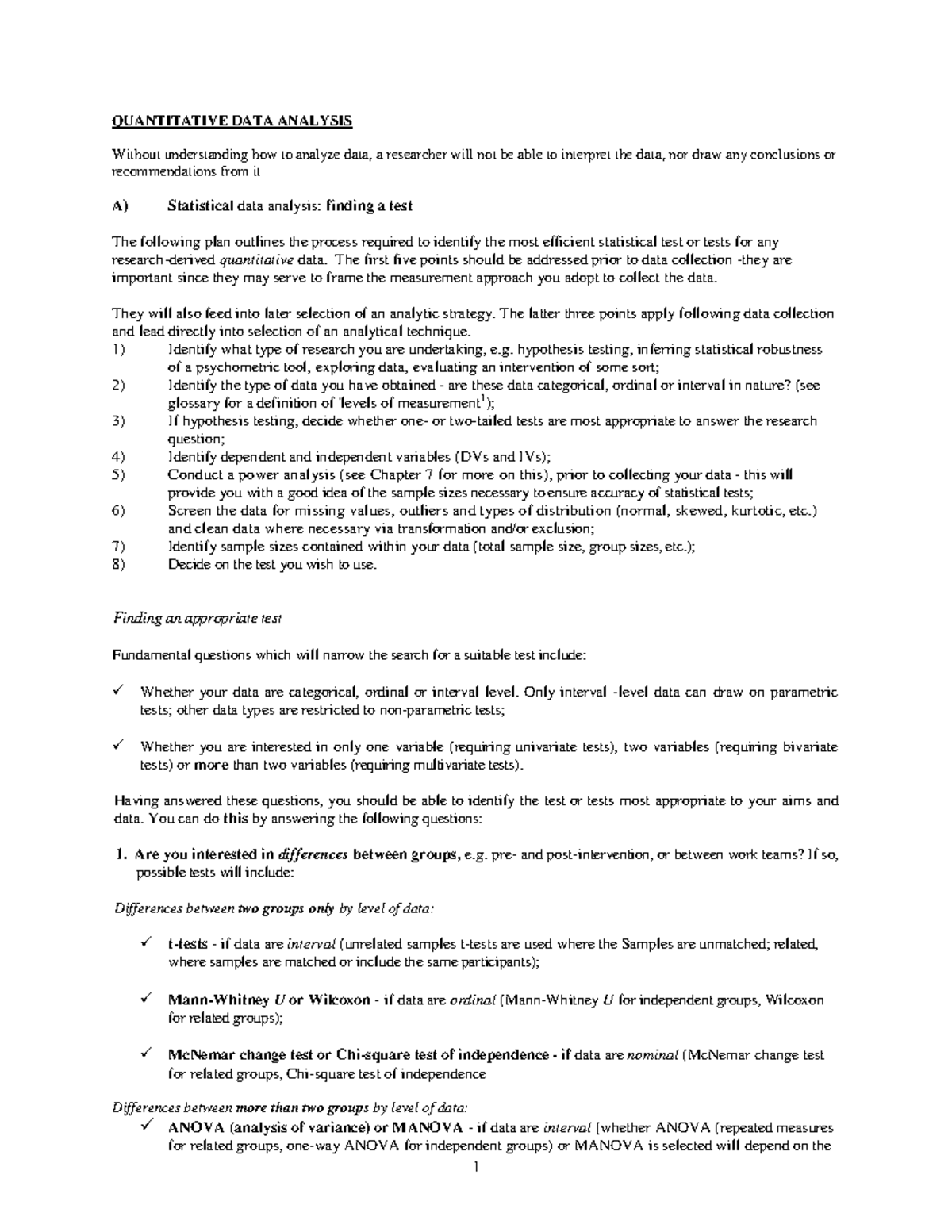 DATA Analysis: Choosing the Right Statistical Test for Research - Studocu