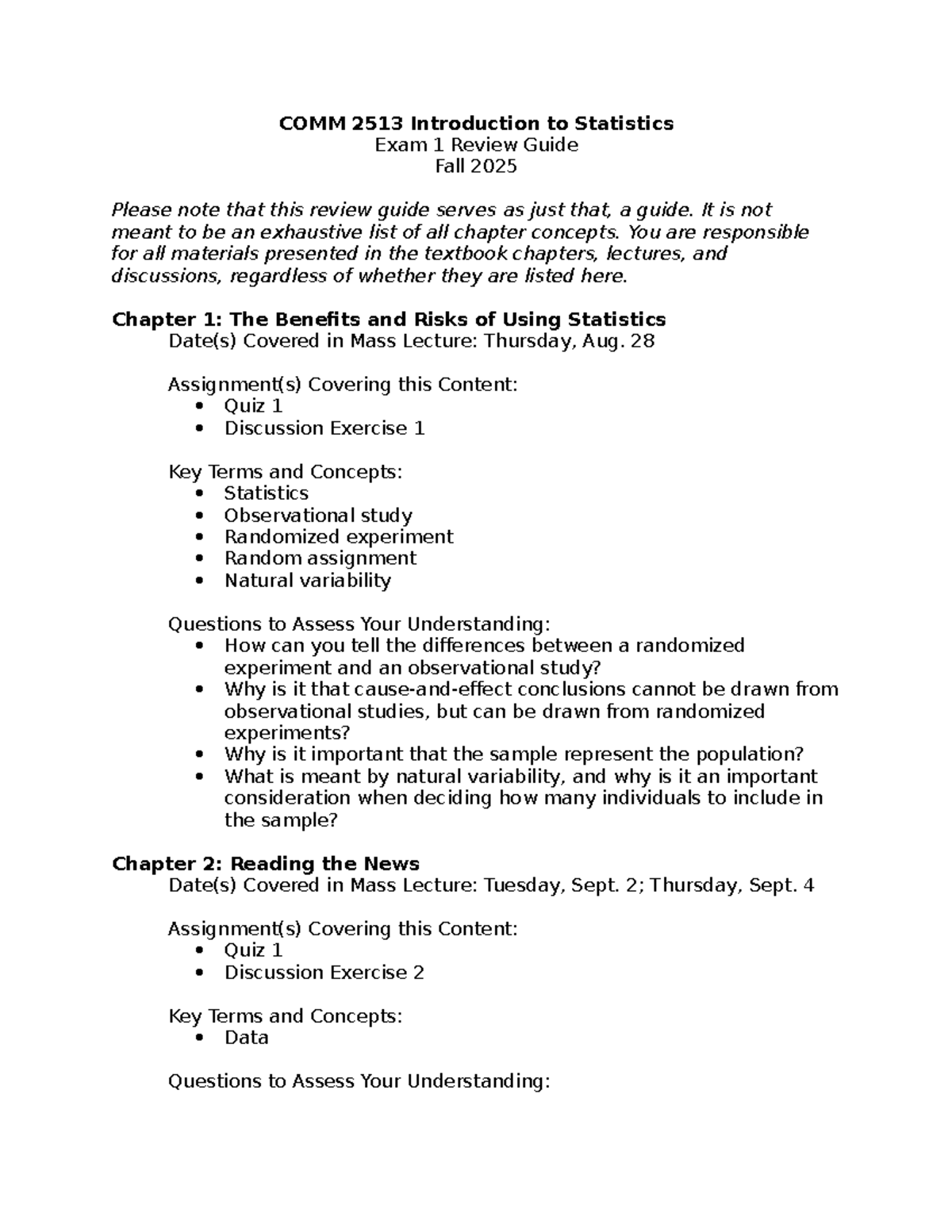 COMM 2513 Final Exam Review Guide: Intro to Statistics, Fall 2025 - Studocu