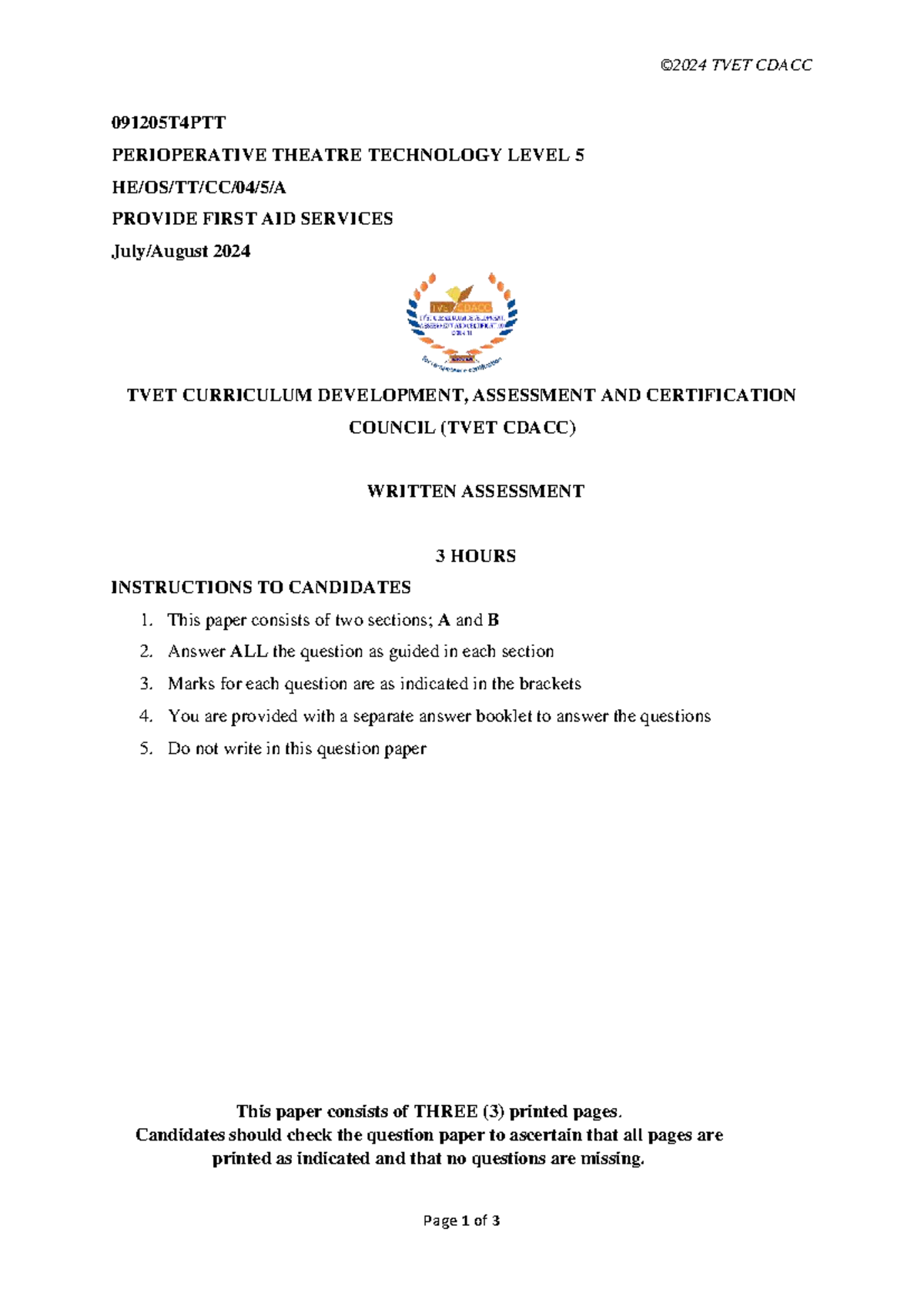 TVET CDACC 091205T4PTT Level 5 First Aid Services Assessment 2024 - Studocu