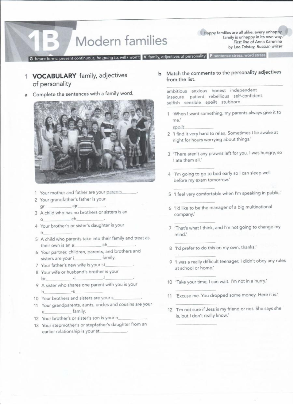 EF 4th Ed Int Workbook: Family Vocabulary & Personality Adjectives ...