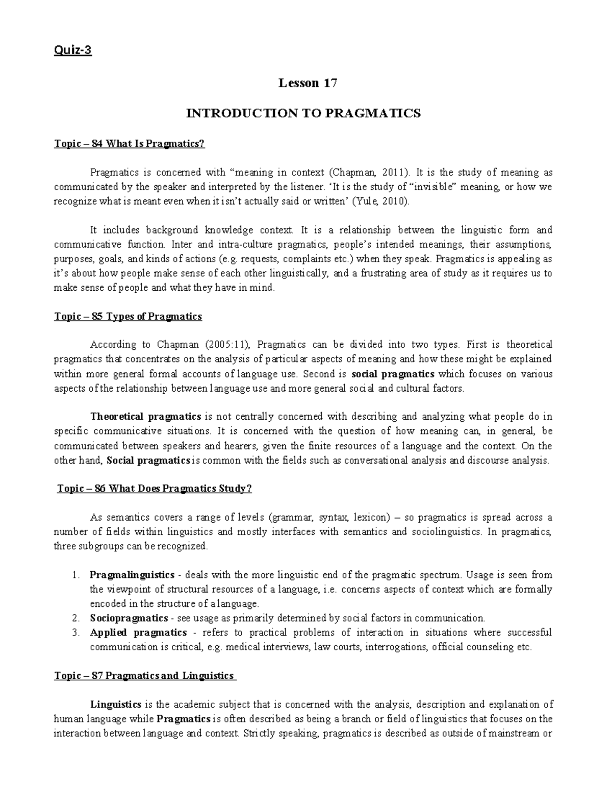 508 - Quiz 3 - Introduction to Pragmatics and Its History - Studocu