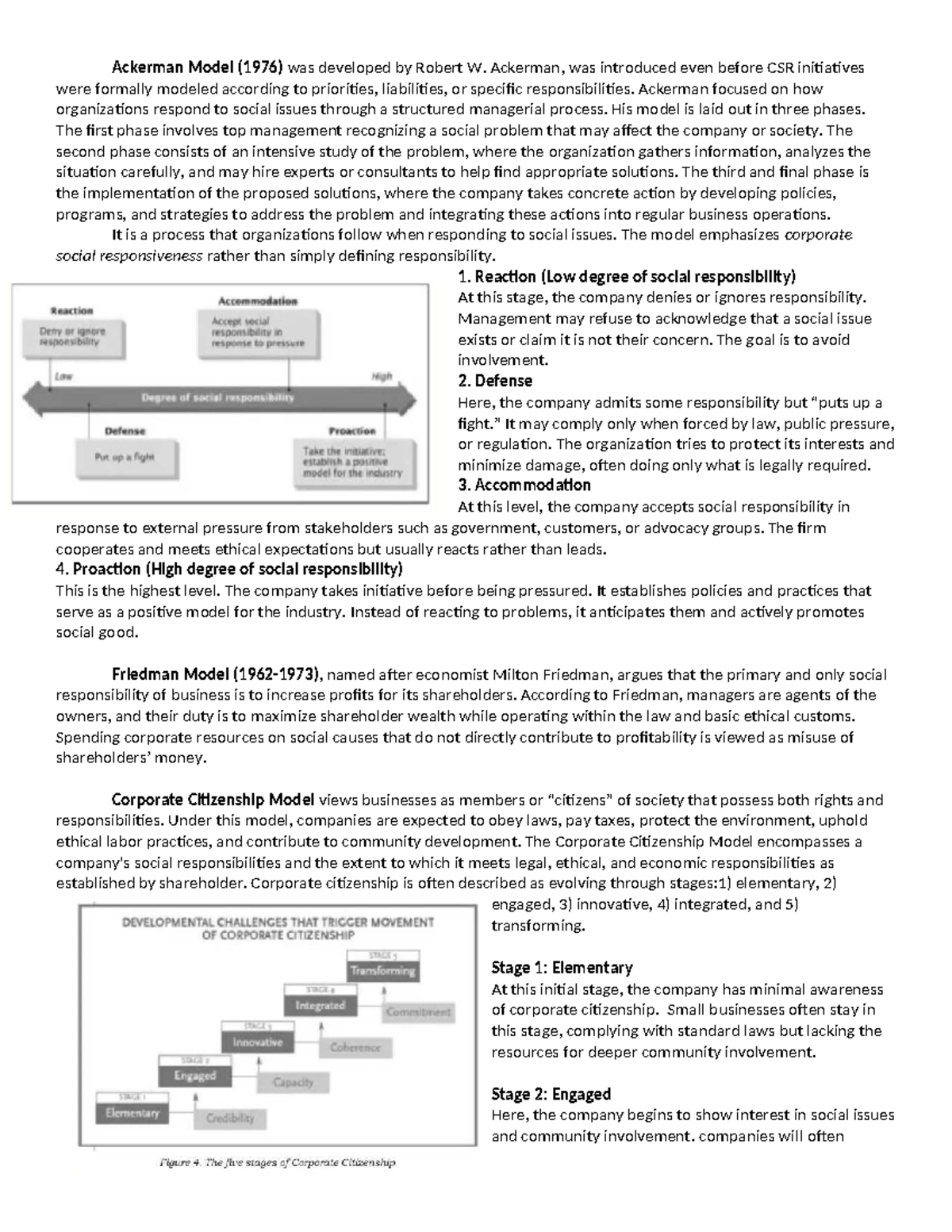 BUS Ethics - CSR Models: Ackerman & Friedman Analysis - Studocu
