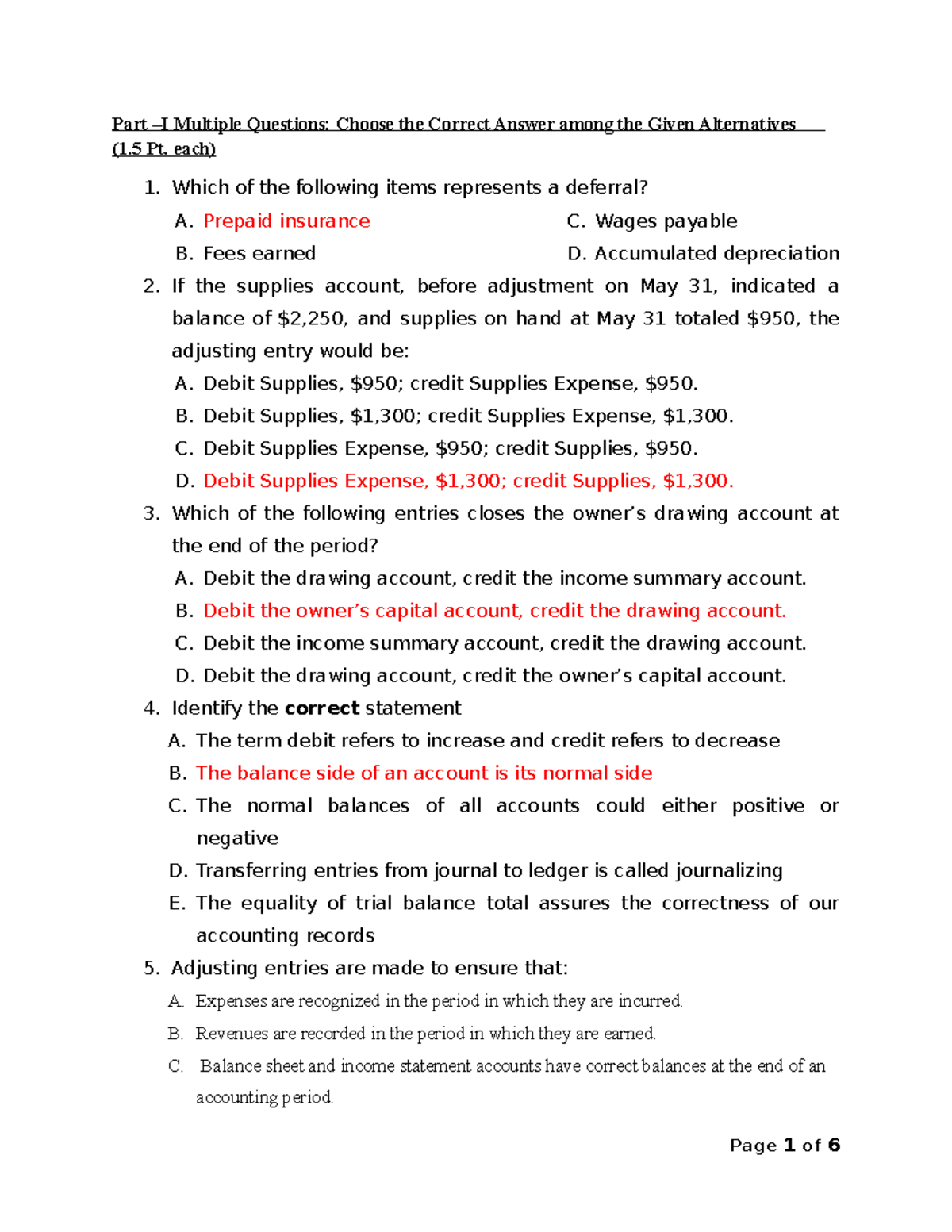 Principles of Accounting I Final EXAM - Part –I Multiple Questions ...